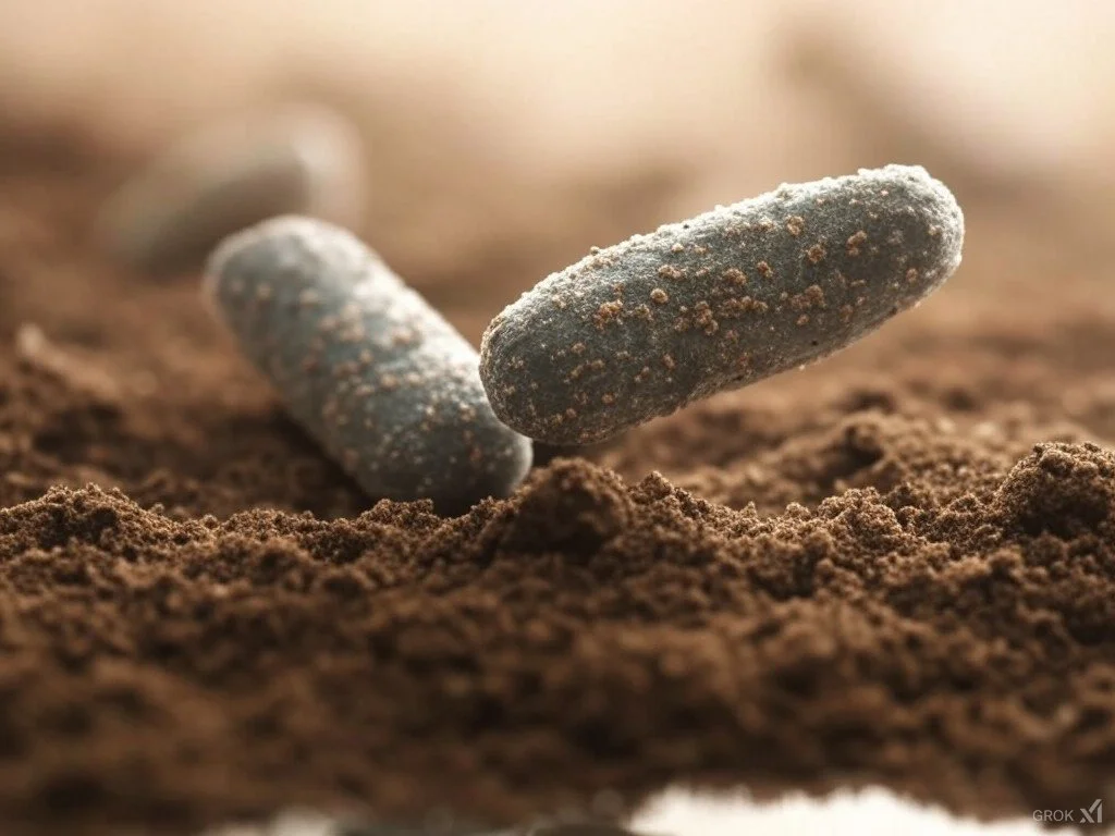Close-up of blue capsules resembling seeds lying in dark brown soil, suggesting a concept of growth or health supplements.