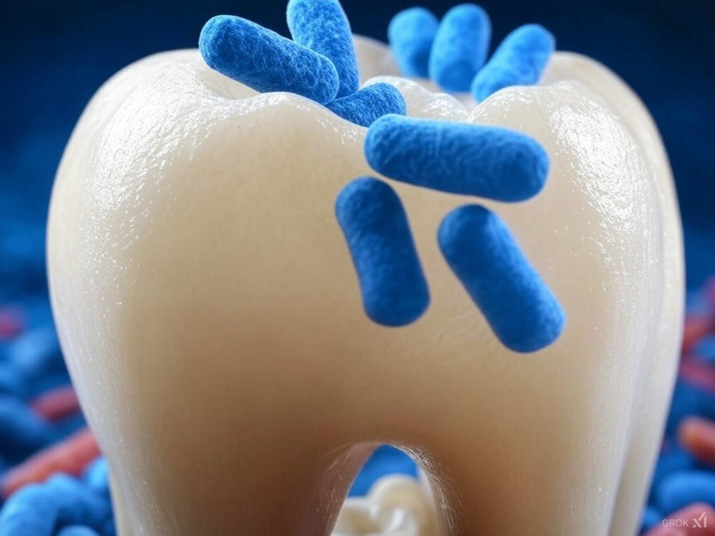Blue bacteria on a tooth model, representing dental plaque or tooth decay.