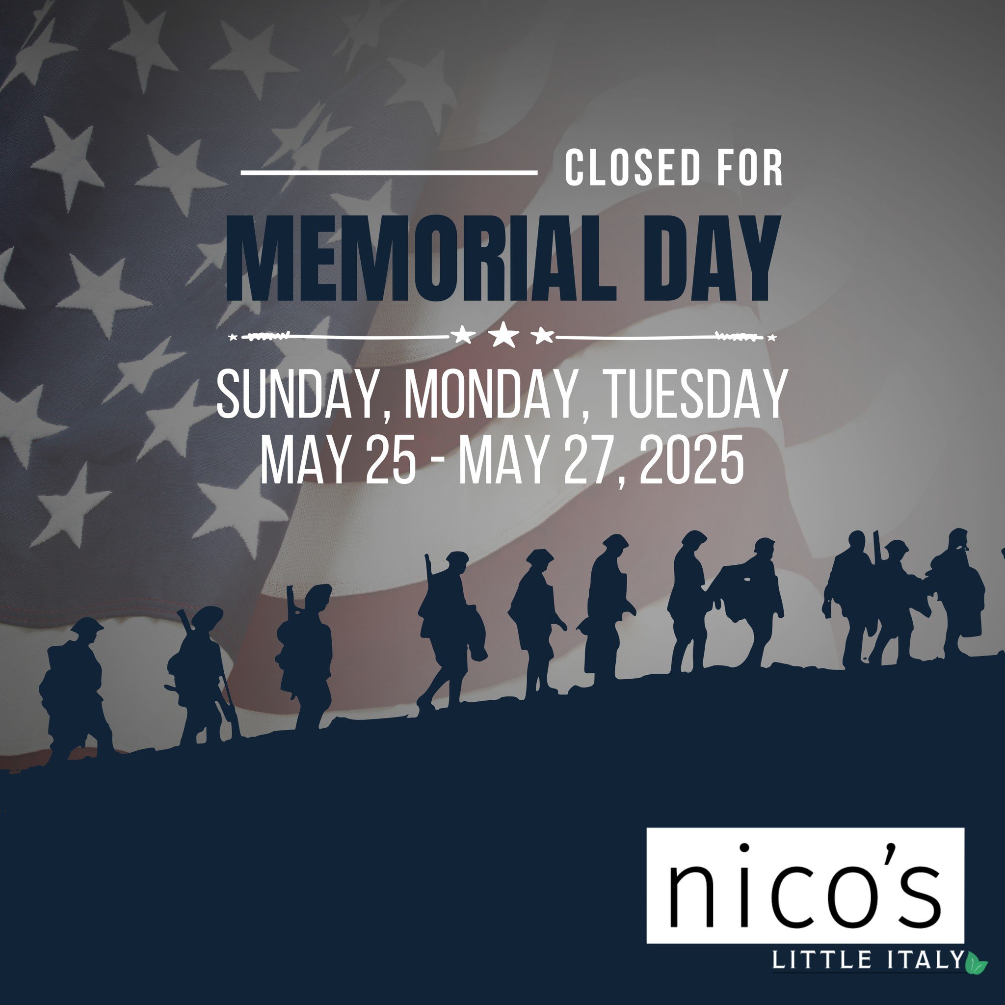 Beginning tomorrow we will be closed for the holiday but will see you again for our regular hours starting on Wednesday.

If you need your Nico's fix before then come see us tonight!