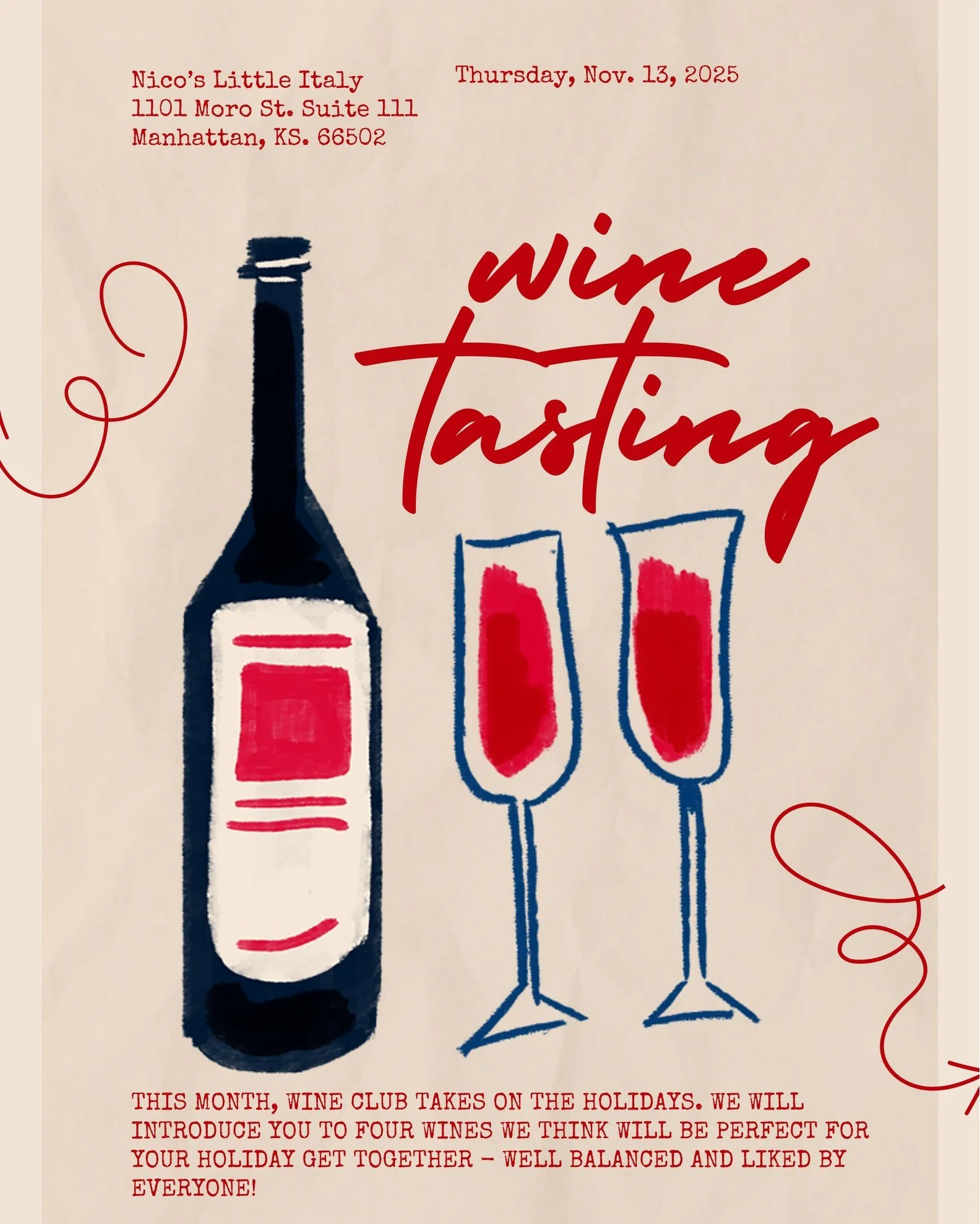 Wine Tasting night is tonight at Nico&rsquo;s at 6:00 PM sharp! 🍷✨
Don&rsquo;t have your Wine Club ticket yet? That&rsquo;s okay &mdash; you can still purchase tickets at the door.

Can&rsquo;t wait to see you there!