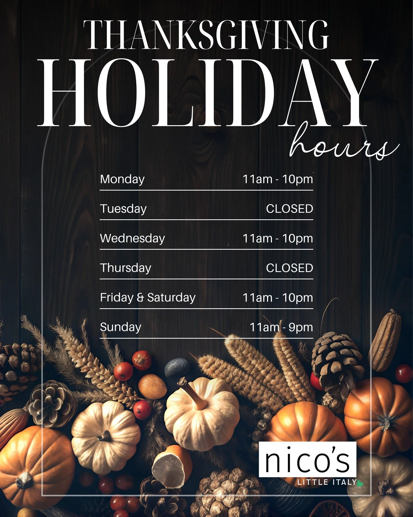 Thanksgiving Week Hours - 

Just a quick reminder that we&rsquo;ll be closed Tuesday (as usual) and Thursday for Thanksgiving. Our team is taking the day to enjoy time with their families, and we hope you get to do the same!

Be sure to check our hou