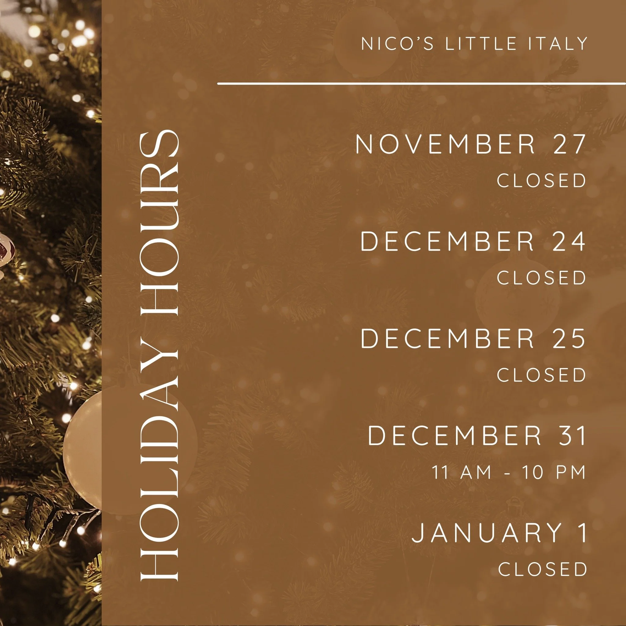 With the holidays just around the corner, please take note of our upcoming holiday closures.

We will be open all other days throughout the week, with the exception of our regular Tuesday closure.

Holiday Closures:
Thanksgiving Day
Christmas Eve
Chr