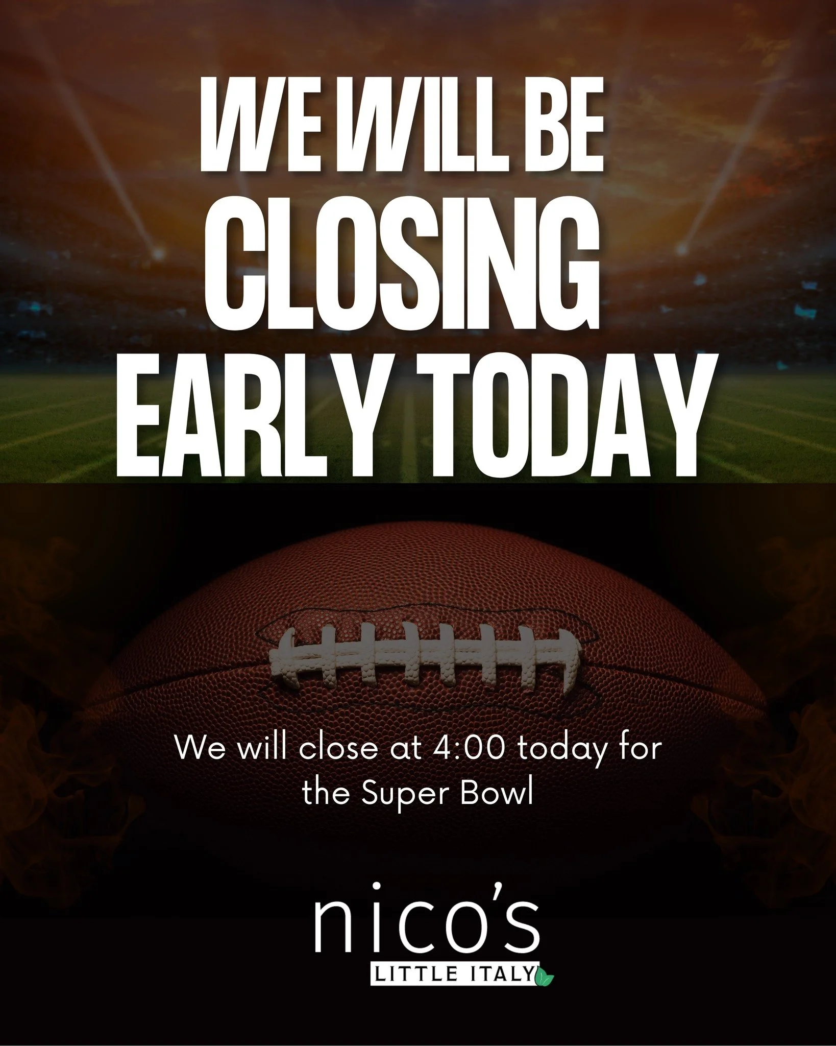 There's still time to get your last minute tailgating orders in! There&rsquo;s still time to get your last-minute Super Bowl party orders in! 🏈🍝

We&rsquo;re open today from 11:00 AM&ndash;4:00 PM.

Call us to place a pickup or delivery order of ou
