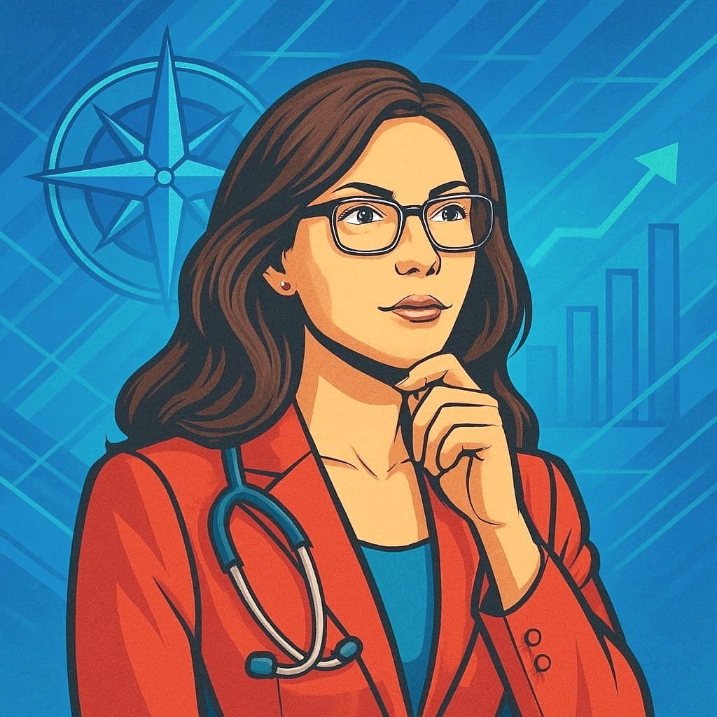 Illustration of a female doctor with glasses, wearing a red coat and stethoscope, looking thoughtful with her hand on her chin, in front of a blue background with medical and financial symbols.