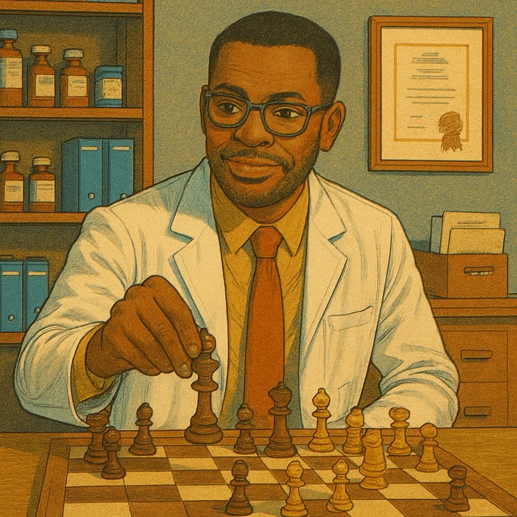 A man in a white lab coat and glasses sits at a desk playing chess in an office with shelves of medical bottles and a framed certificate on the wall.