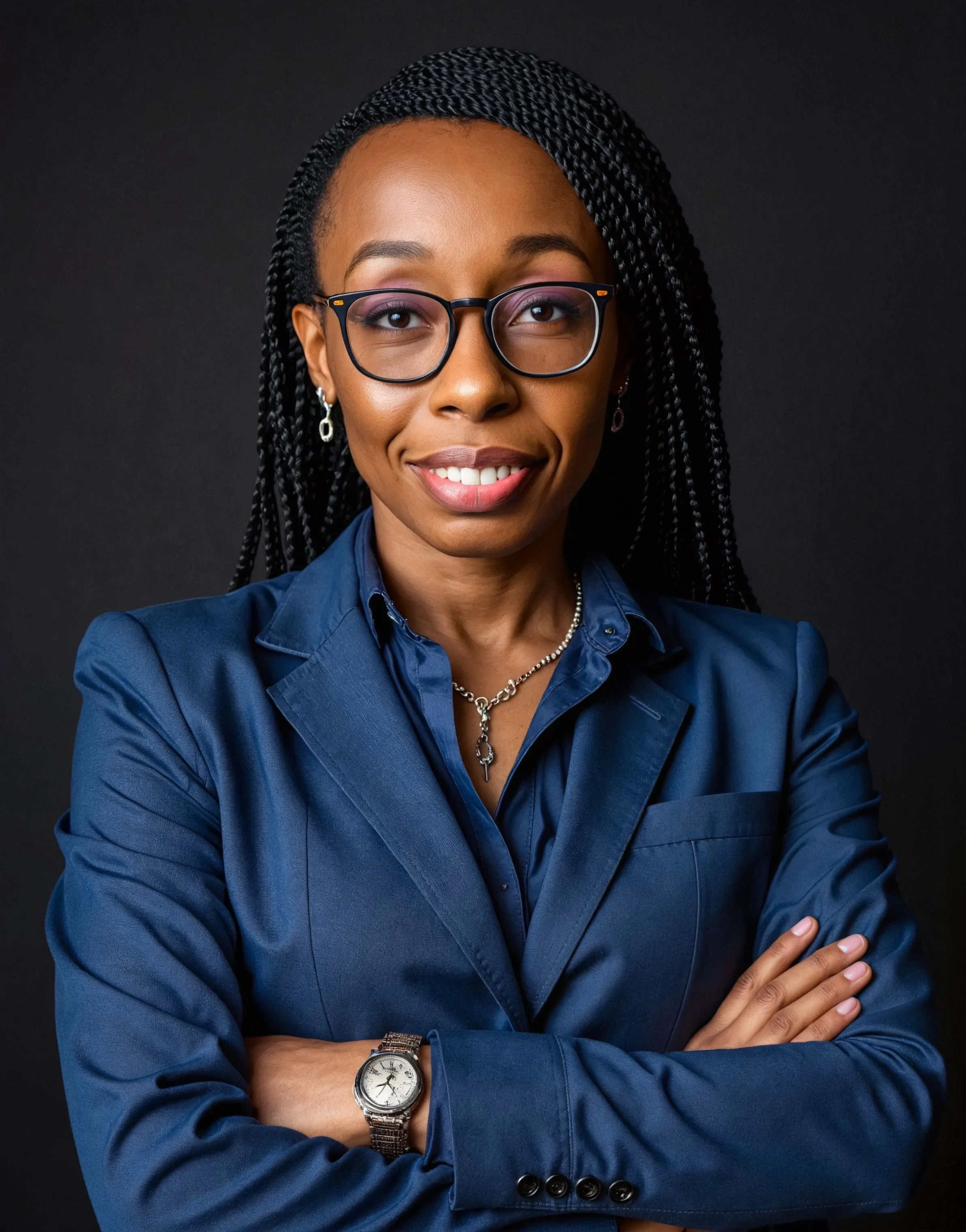 A confident woman with braided hair, glasses, and earrings, smiling with her arms crossed against a black background, dressed in a blue suit, wearing a watch and a necklace.