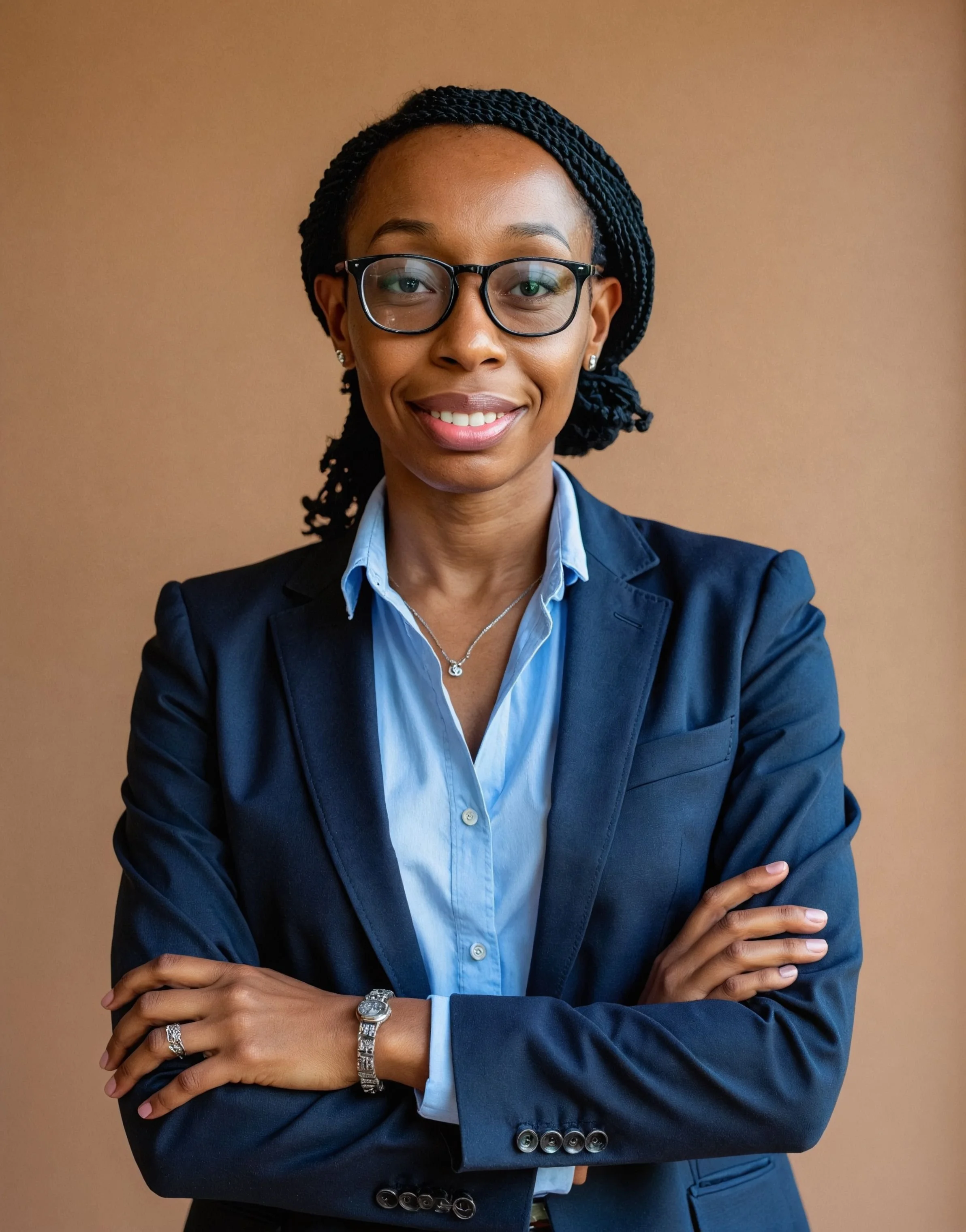 A professional woman with glasses, braided hair, wearing a dark blue blazer and light blue shirt, smiling, with her arms crossed, standing against a plain brown background.