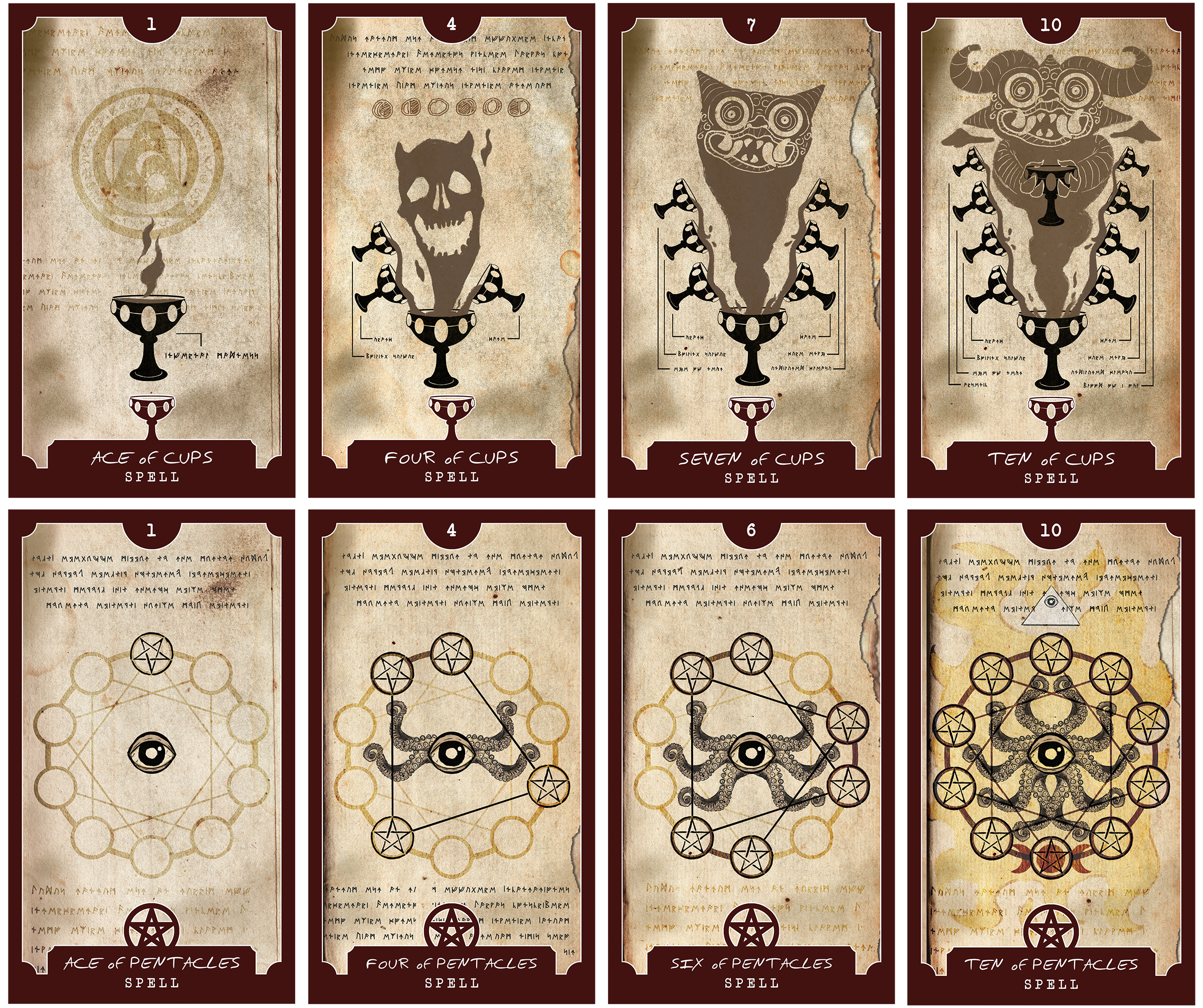Game cards - artwork and design for "Arcana Maxima: Tower of Woe" horror-themed tabletop game based on Tarot cards