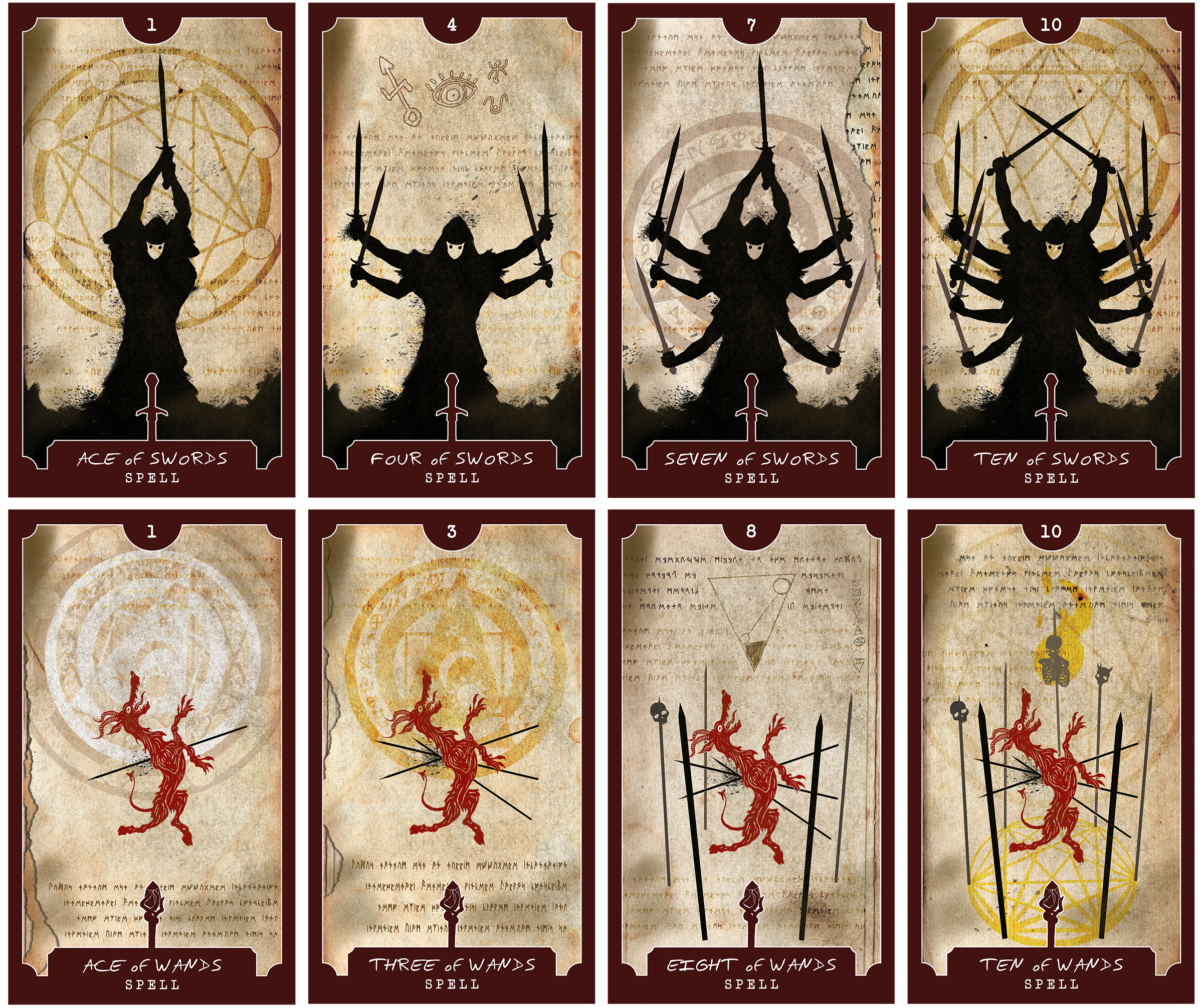 Game cards - artwork and design for "Arcana Maxima: Tower of Woe" horror-themed tabletop game based on Tarot cards