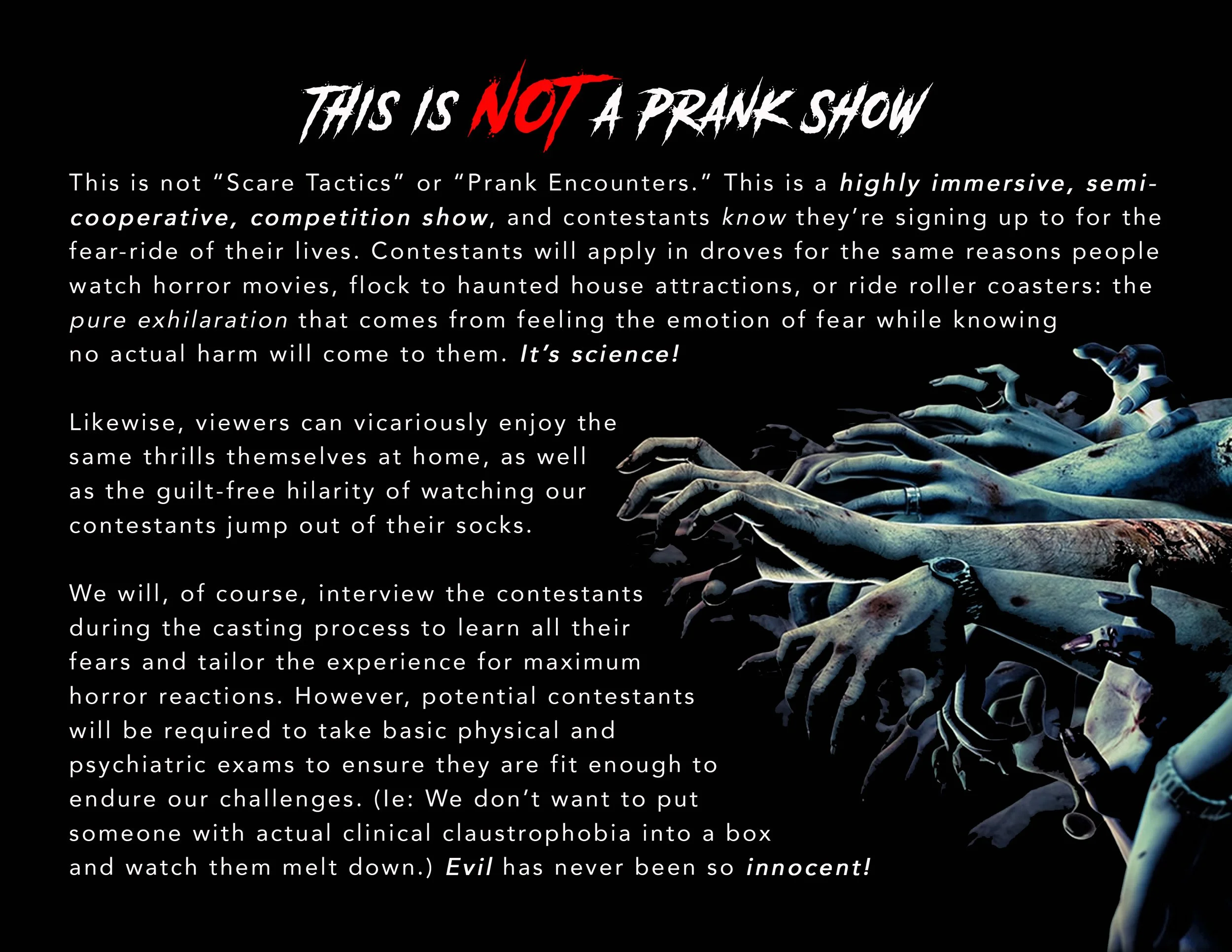 Interior page layout of a horror-themed competition TV series pitch deck