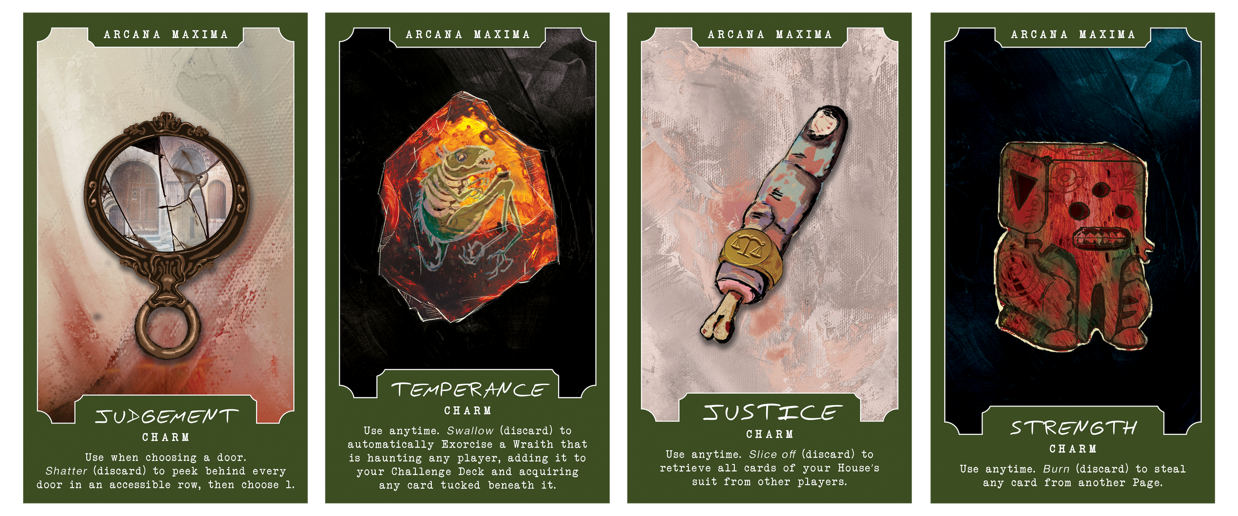 Game cards - artwork and design for "Arcana Maxima: Tower of Woe" horror-themed tabletop game based on Tarot cards