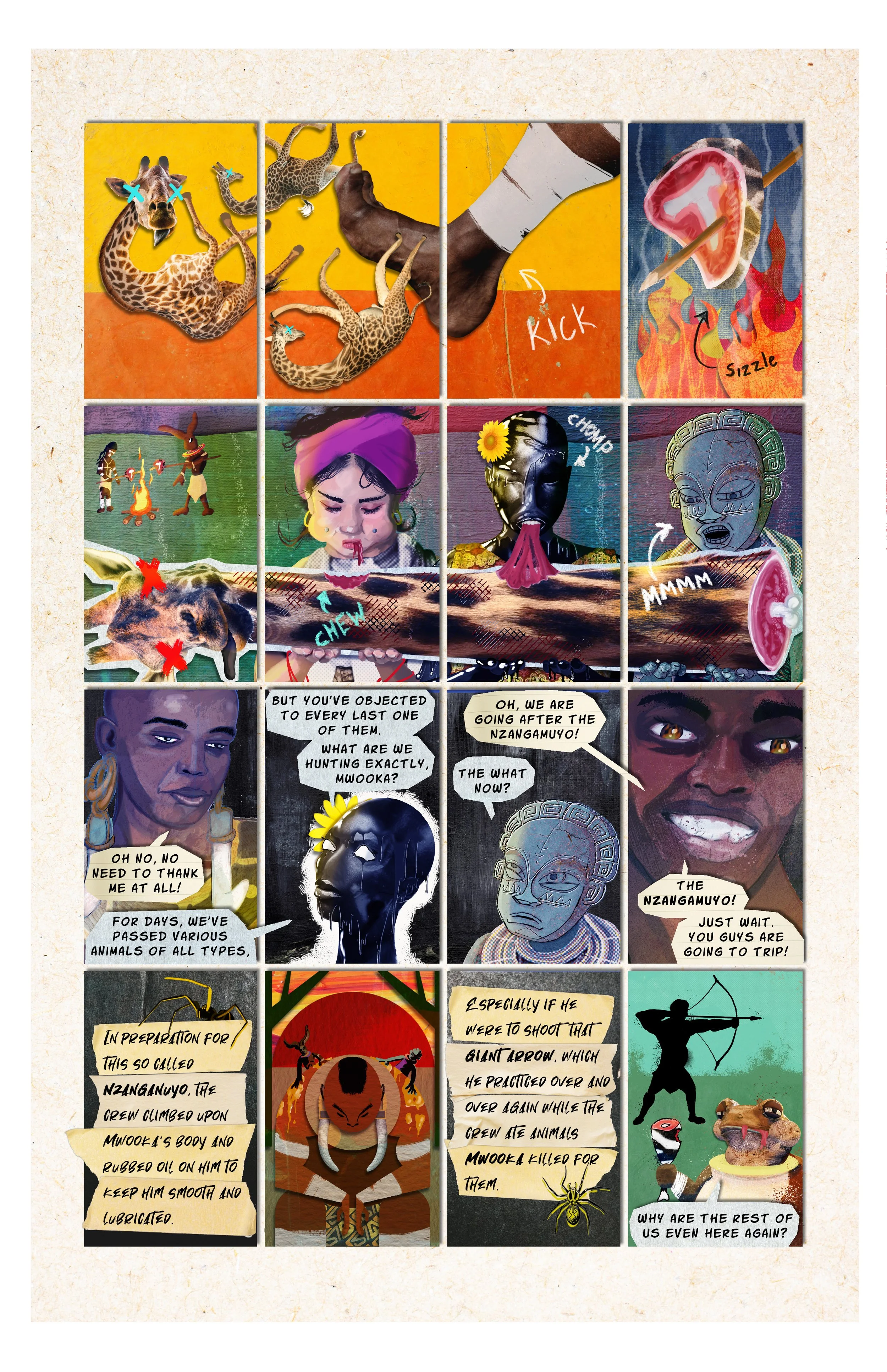 Interior comic book page for "Is'nana The Were-Spider: The Mountains of Mwooka" by Greg Anderson Elysée, (mixed media)