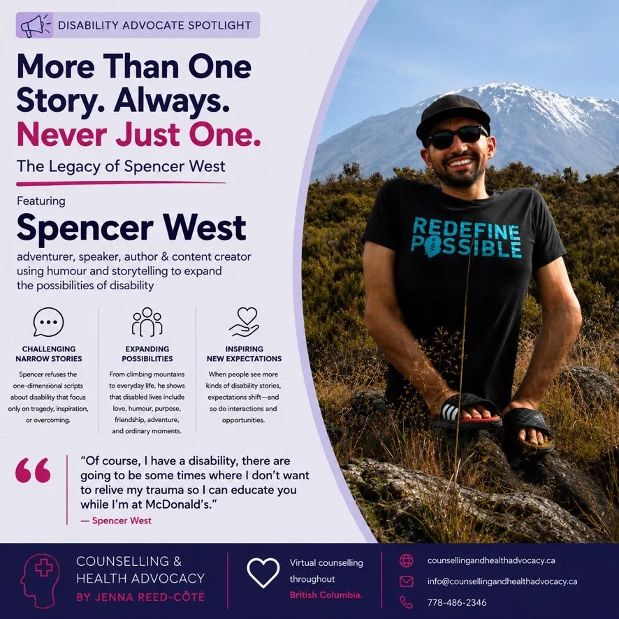 Disability Advocate Spotlight featuring Spencer West, smiling outdoors with Mount Kilimanjaro behind him. The graphic challenges narrow disability narratives and celebrates diverse stories of adventure, humour, and everyday life.