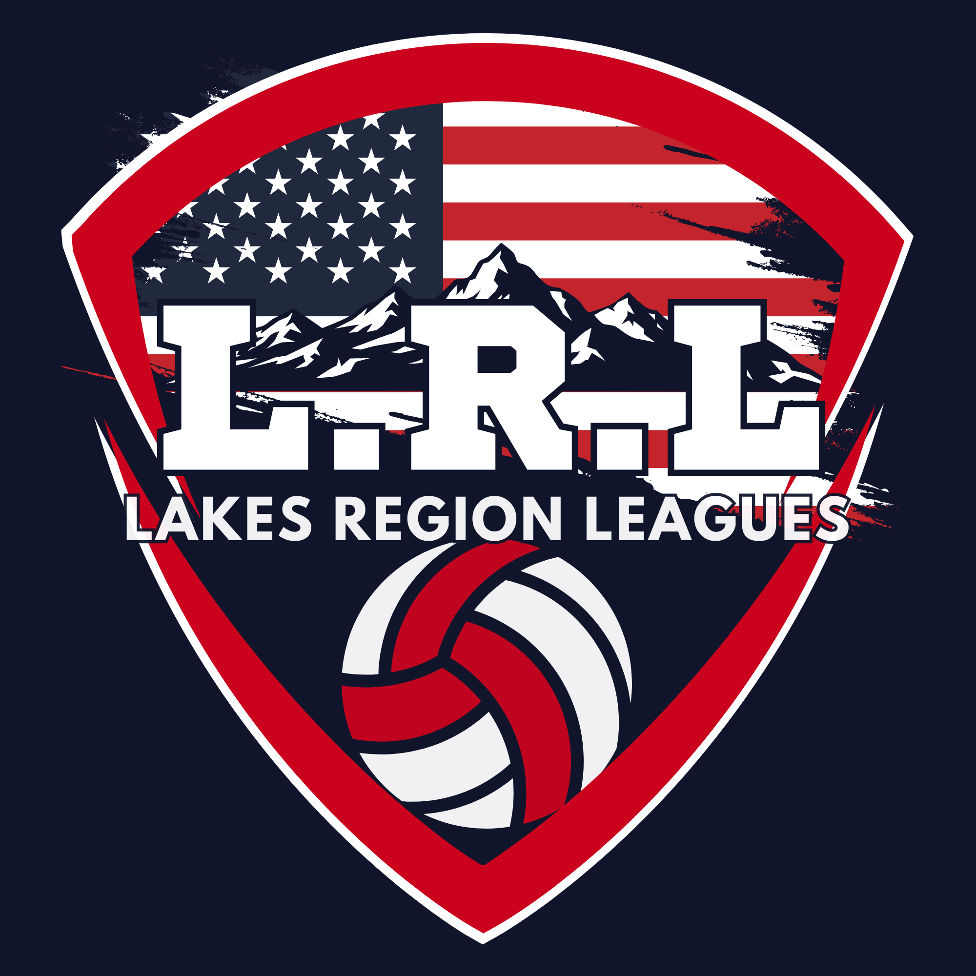 A logo for I.R.C. Lakes Region Leagues featuring an American flag, mountains, and a volleyball in red, white, and blue colors.