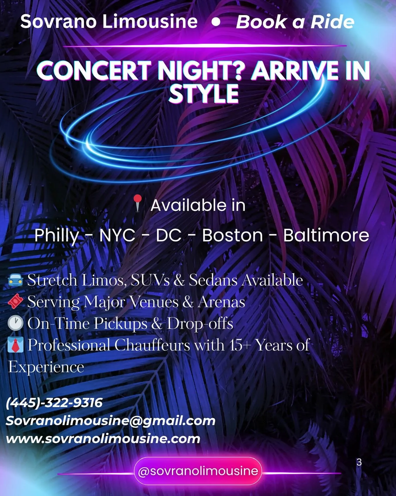 🎶 It&rsquo;s Concert Time! 🎉
Skip the stress and ride in style with Sovrano Limousine! Whether you&rsquo;re heading to a sold-out show in Philly, NYC, DC, Baltimore, or Boston, we&rsquo;ve got your ride covered.
Our professional drivers are always 