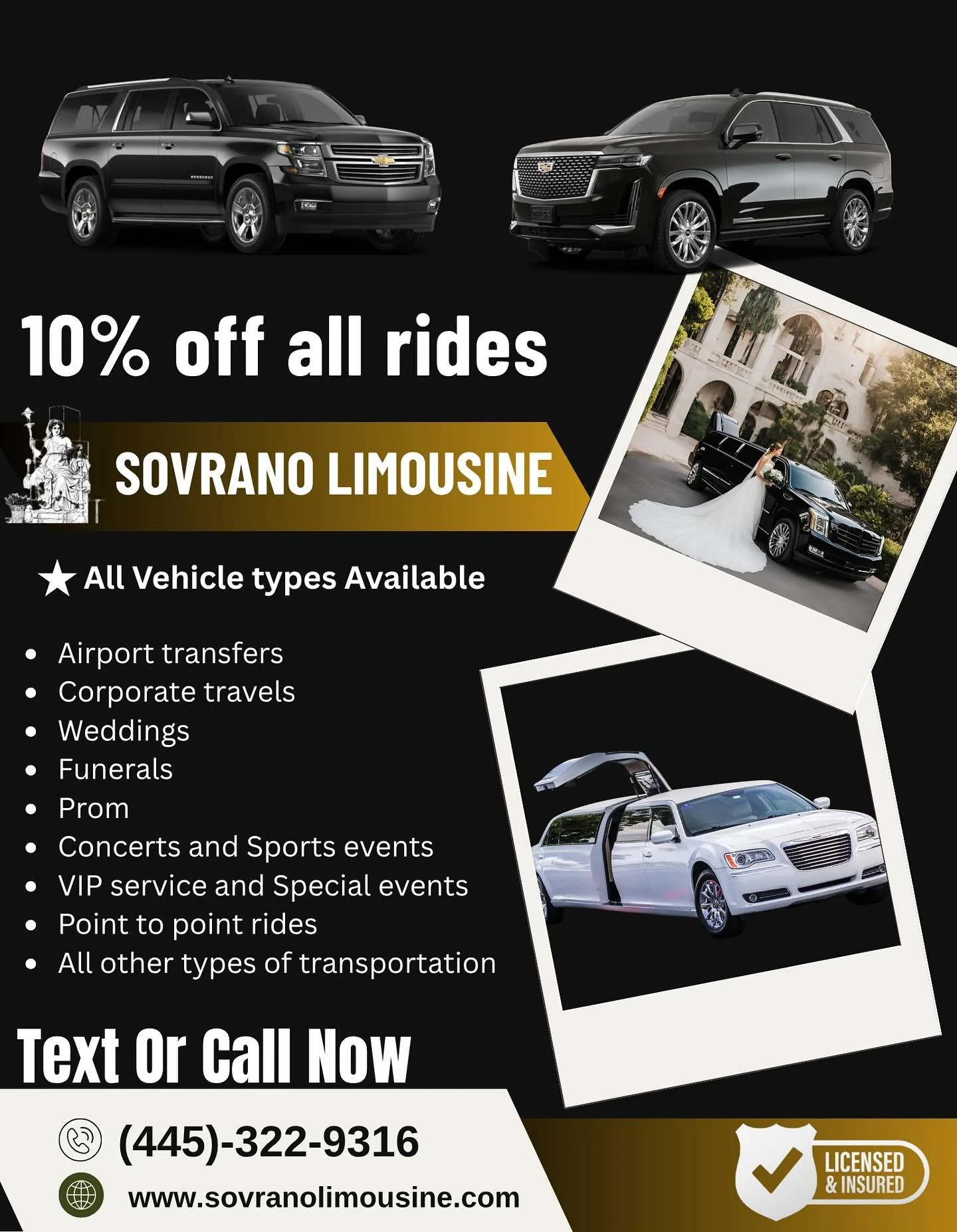 🚘 At Sovrano Limousine, we make every ride unforgettable. Whether you&rsquo;re booking an airport transfer, a corporate ride for your team, or looking to arrive in style on your wedding day &mdash; we&rsquo;ve got you covered.  We partner with profe