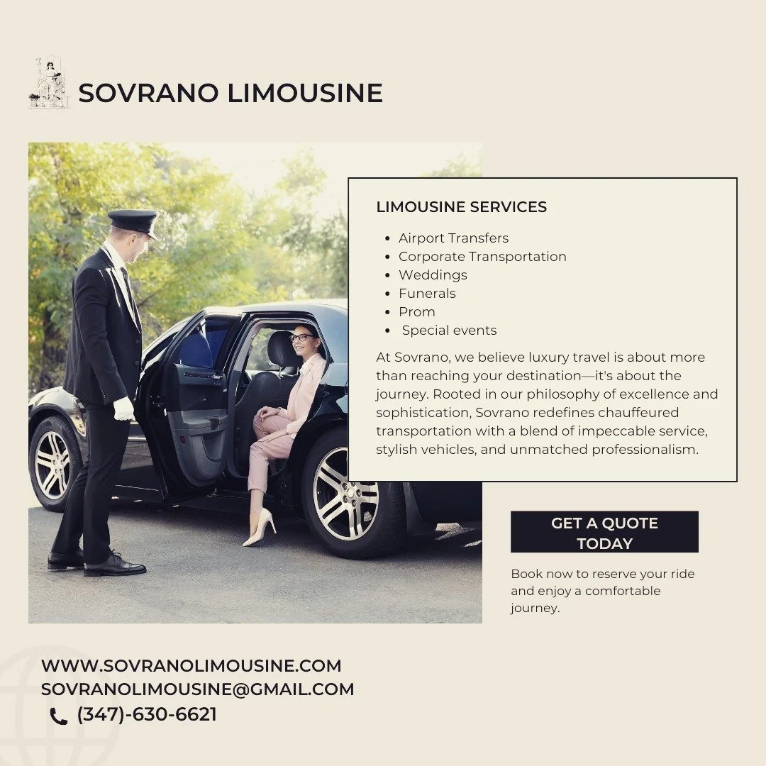 Welcome to Sovrano Limousine Service! 🚖✨

We&rsquo;re proud to bring you luxury travel that goes Beyond the Destination. Whether it&rsquo;s a stylish ride to the airport, a wedding day to remember, or a seamless corporate transfer, we&rsquo;re here 