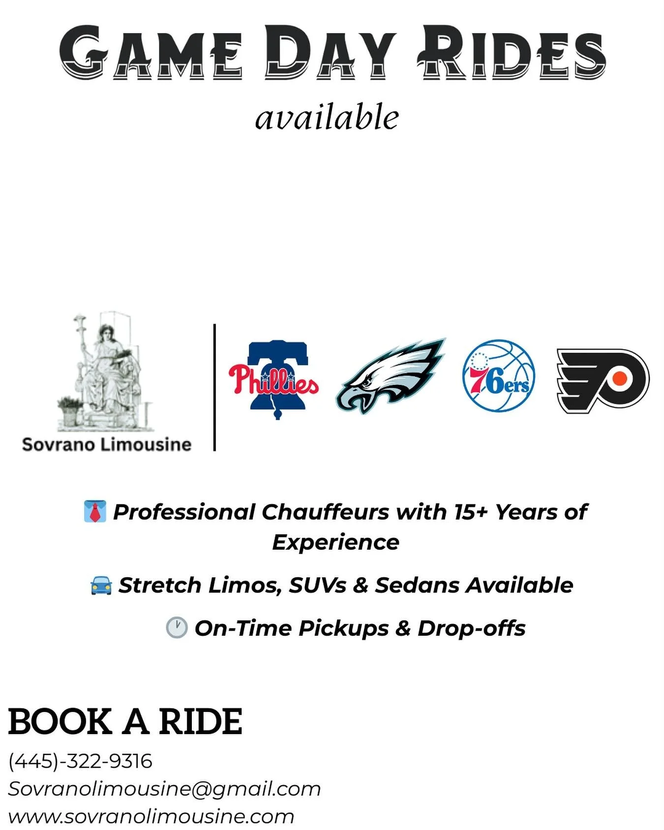 🏈⚾🏀🏒 Philly Fans &mdash; Ride in Style to the Big Game!
Skip the parking hassle and pre-game like a VIP. Whether it&rsquo;s the Eagles, Phillies, Sixers, or Flyers, we&rsquo;ll get you there on time and in comfort.

📍 Stretch limos, luxury SUVs, 