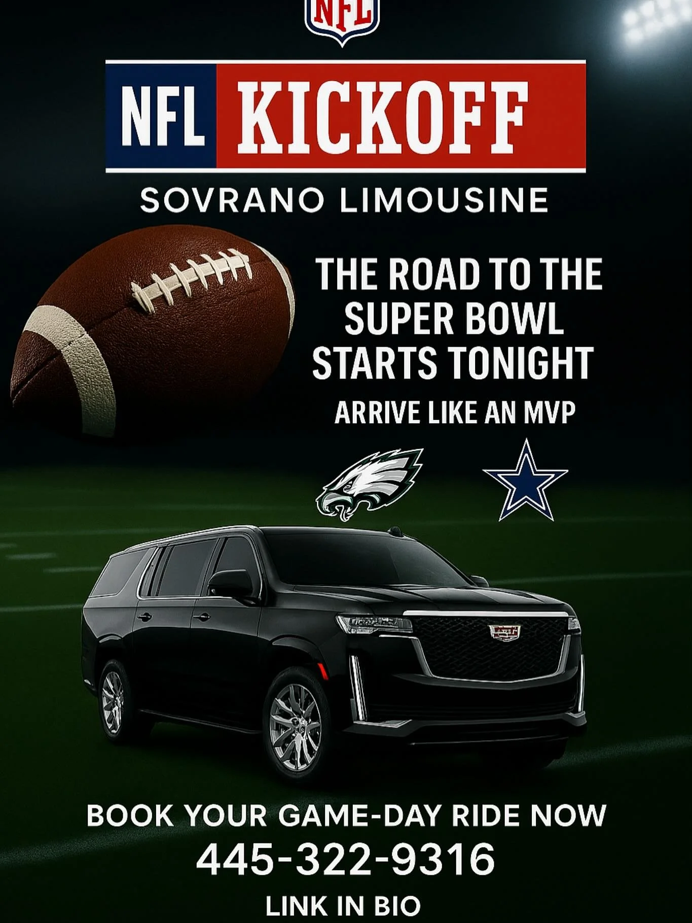 A Call to ALL Eagles fans, FOOTBALL IS BACK 🏈And the Defending champions are back. 
Skip the traffic, stress and parking and ride with Sovrano Limousine. If you looking to arrive in an SUV, Van, Sedan or a stretch limo, We got you covered just give 
