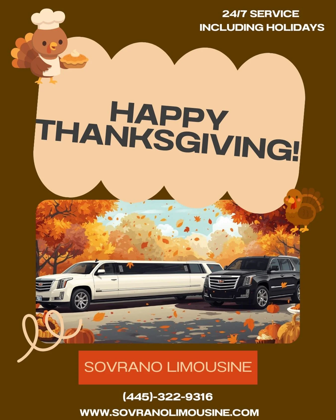 Happy thanksgiving 🦃! Grateful for safe rides, smooth trips, and amazing clients. 
Skip the traffic and ride in style this holiday. Our luxury SUVs, stretch limos, vans, and sedans are available 24/7 to get you where you need to be comfortably and o