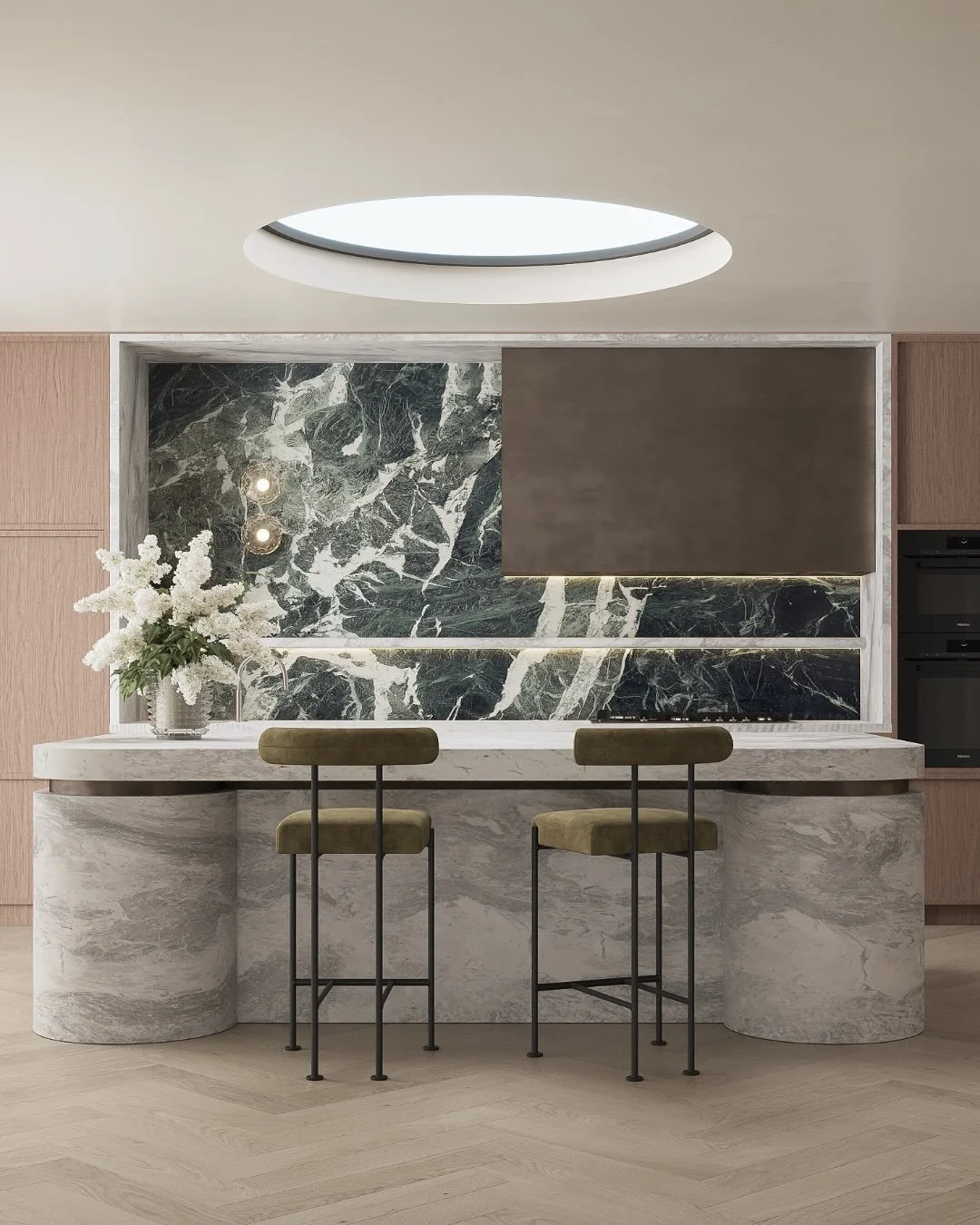 Allira.

A kitchen anchored by natural stone and warm joinery. Designed to feel calm, sculptural and quietly refined.
