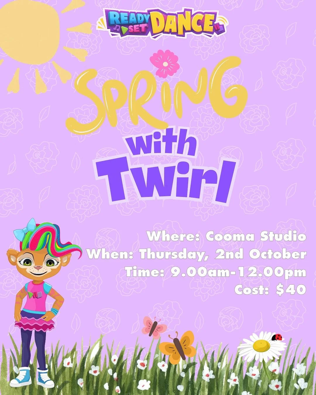 🌸✨ Ready Set Dance Holiday Fun! ✨🌸

We&rsquo;ve got two exciting mornings planned just for our little dancers these school holidays:

🎀 Spring with Twirl
Thursday 2nd October
9:00am &ndash; 12:00pm

🌈 Rainbow Hair Day
Thursday 9th October
9:00am 