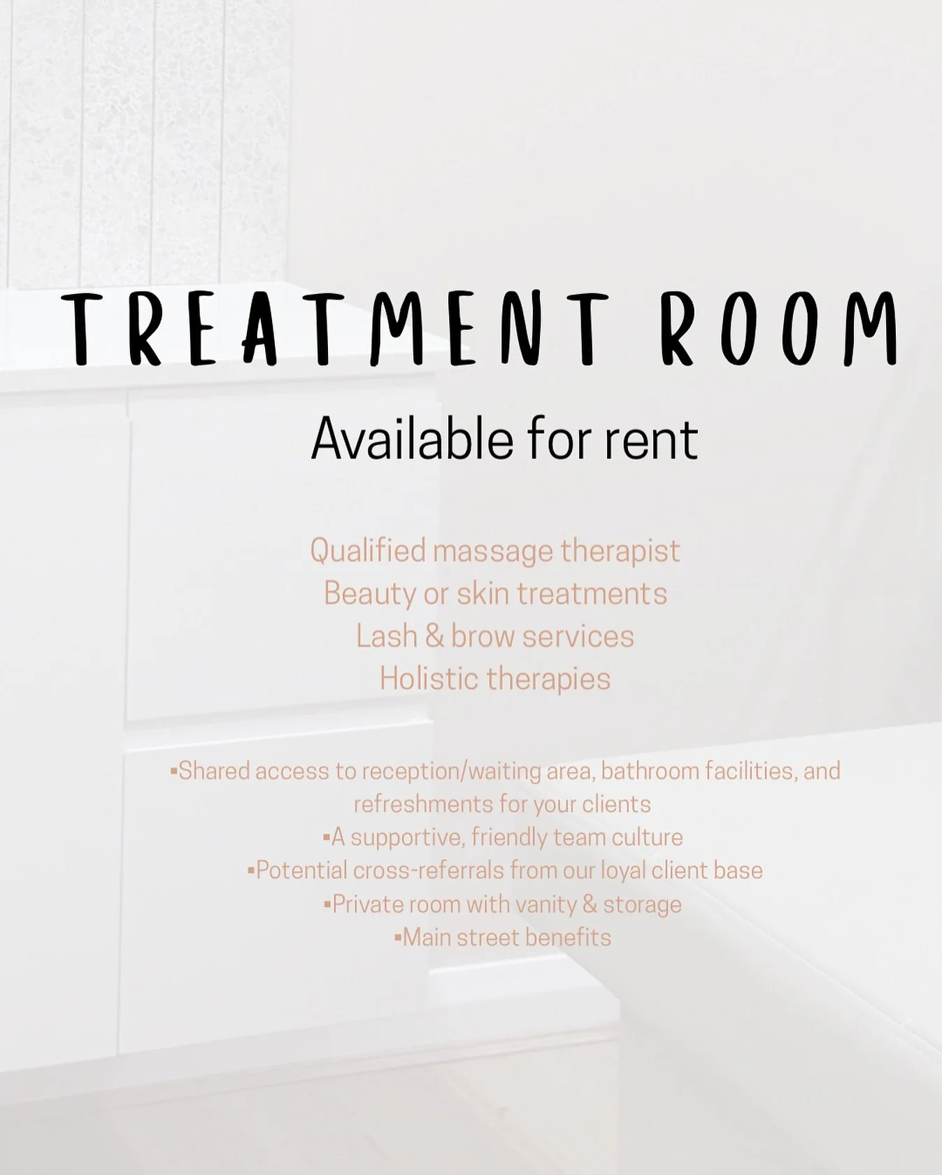 ** STOP SCROLLING AND READ THIS ** 
If you are a passionate massage, beauty therapist or alike and looking for a beautiful space to grow your business, without the stress of overheads, we have a solution for you!
We have a fully equipped, private tre