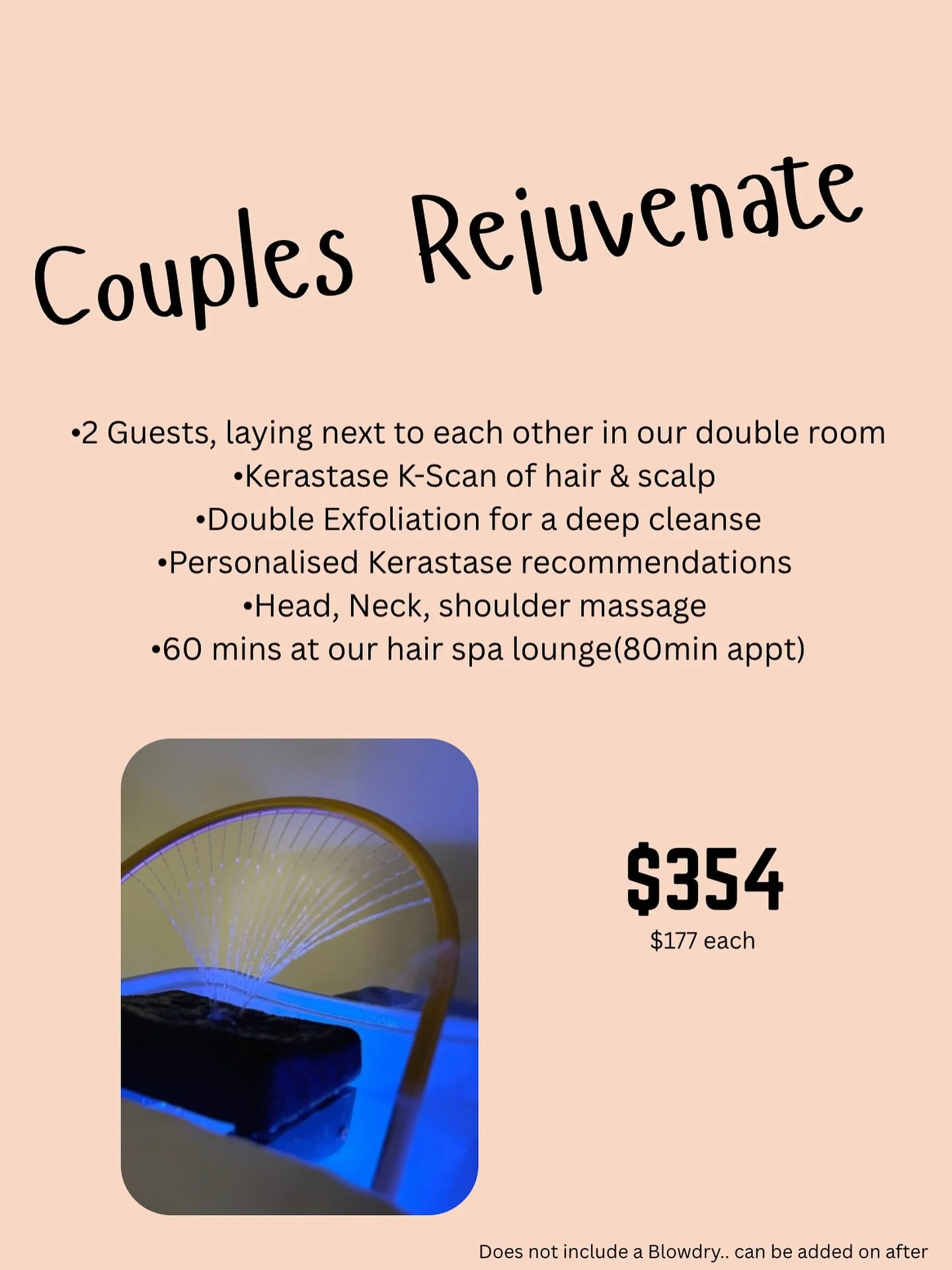 COUPLES HAIR SPA 👩&zwj;❤️&zwj;👨 
Treat yourselves to a well deserved hair spa experience for 2 
$354 for both. $177 each. 

Our couples rejuvenate is focused on scalp &amp; hair care, with a chance to relax, refresh &amp; spend time together side b