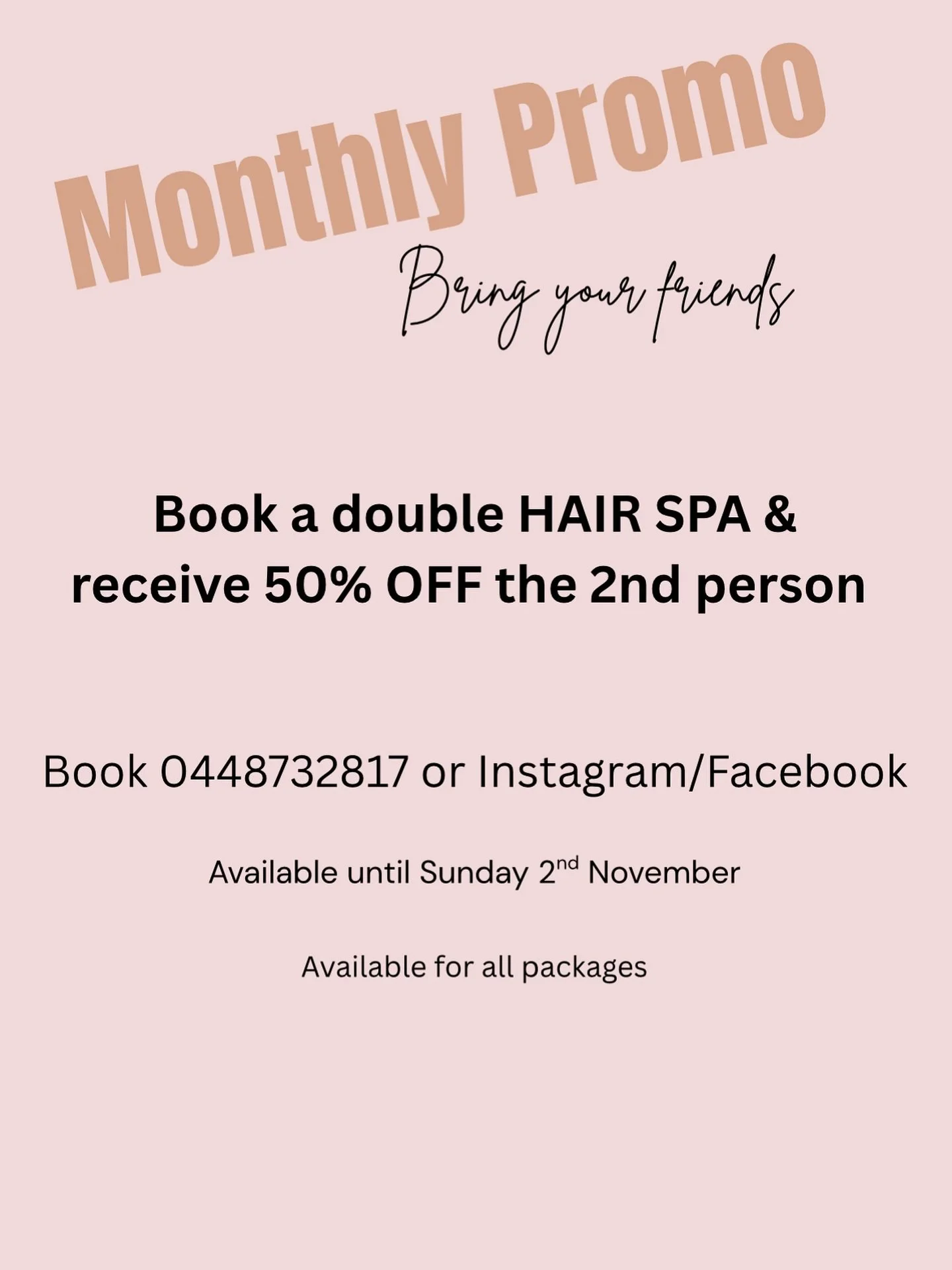 HERE IT IS.. 
Book a double &amp; receive 50% off the second person 😍 
Available for all packages 🧖&zwj;♀️ 
Available until the 2nd of November 🗓️
Message or call to book 📞 

#eacollective #swanhillhairspa #eacollectivespa