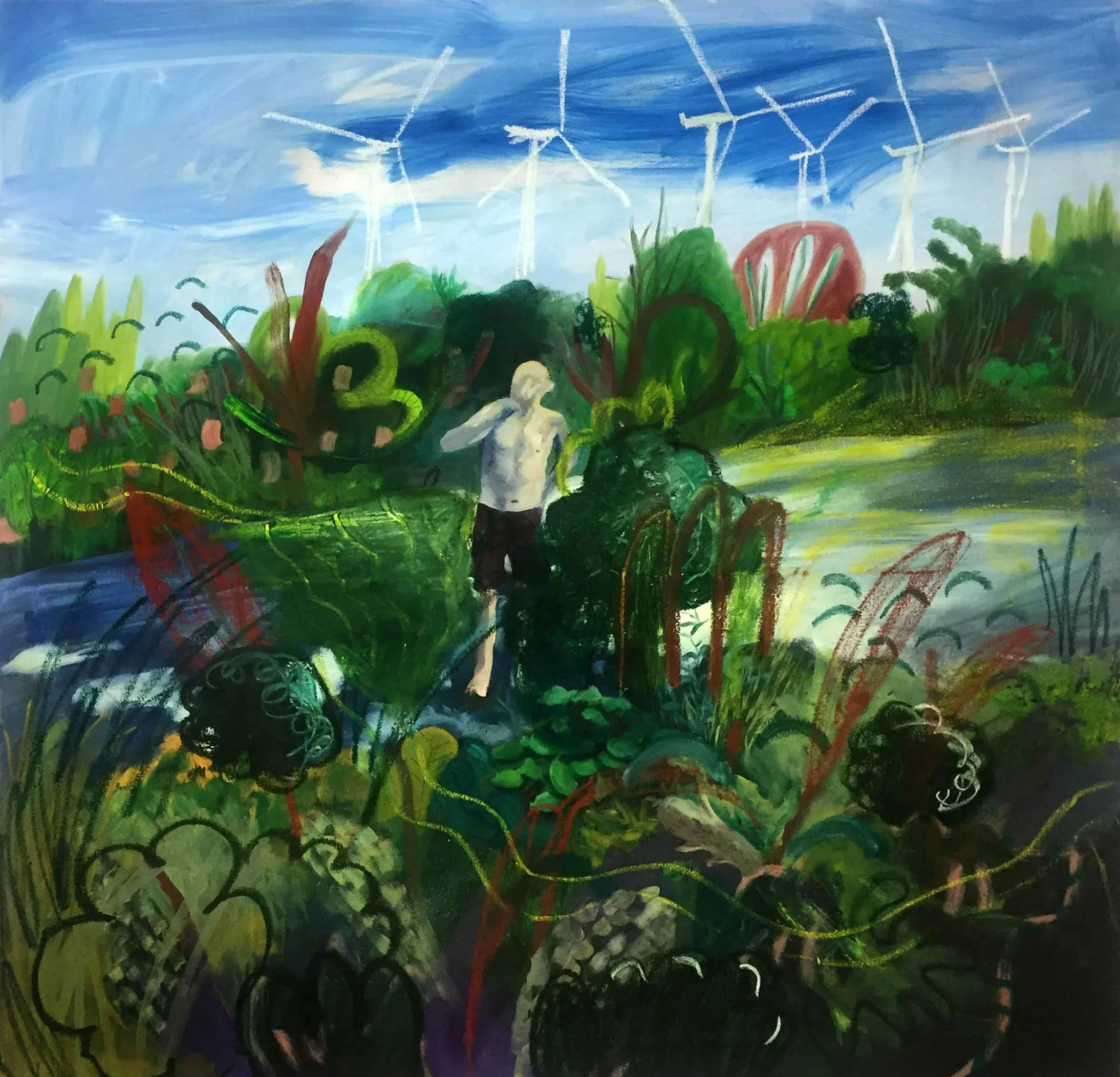  Under Clouds 2019 3x3 ft  The Wayside is the land adjacent to a road or path; a threshold. Parking lots, fallen trees, standing on a gravel road, looking through a car window: these in-between spaces and experiences hold a special kind of energy.   