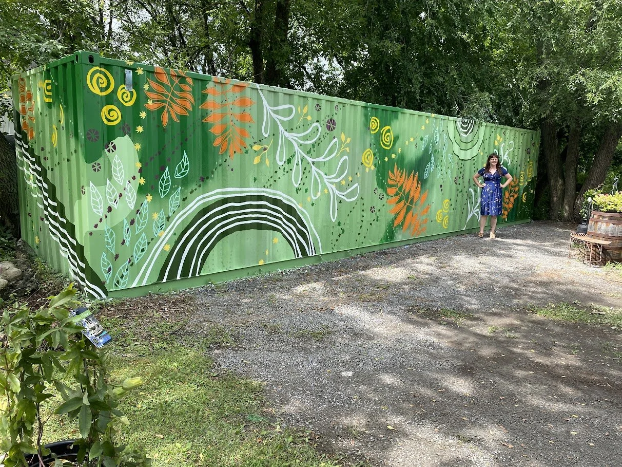  Shipping container mural, commissioned for my aunt Colleen’s flower shop, Hidden Garden Floral Designs in Westport, Ontario.  2023 