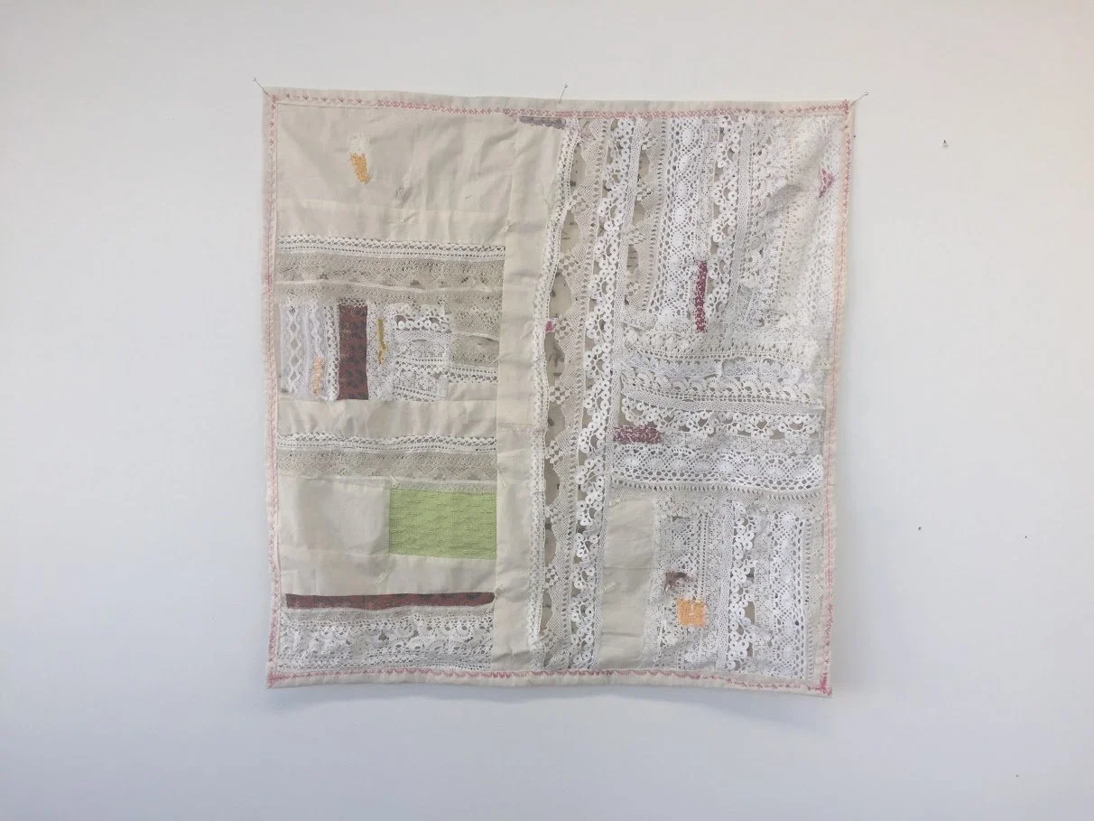   Seed Quilt 3:  lace, scrap fabric, embroidery, seeds.   2019 