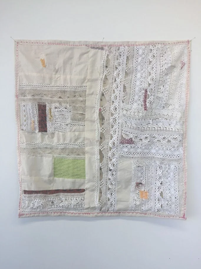  Seed Quilt 3:  lace, scrap fabric, embroidery, seeds.   2019 