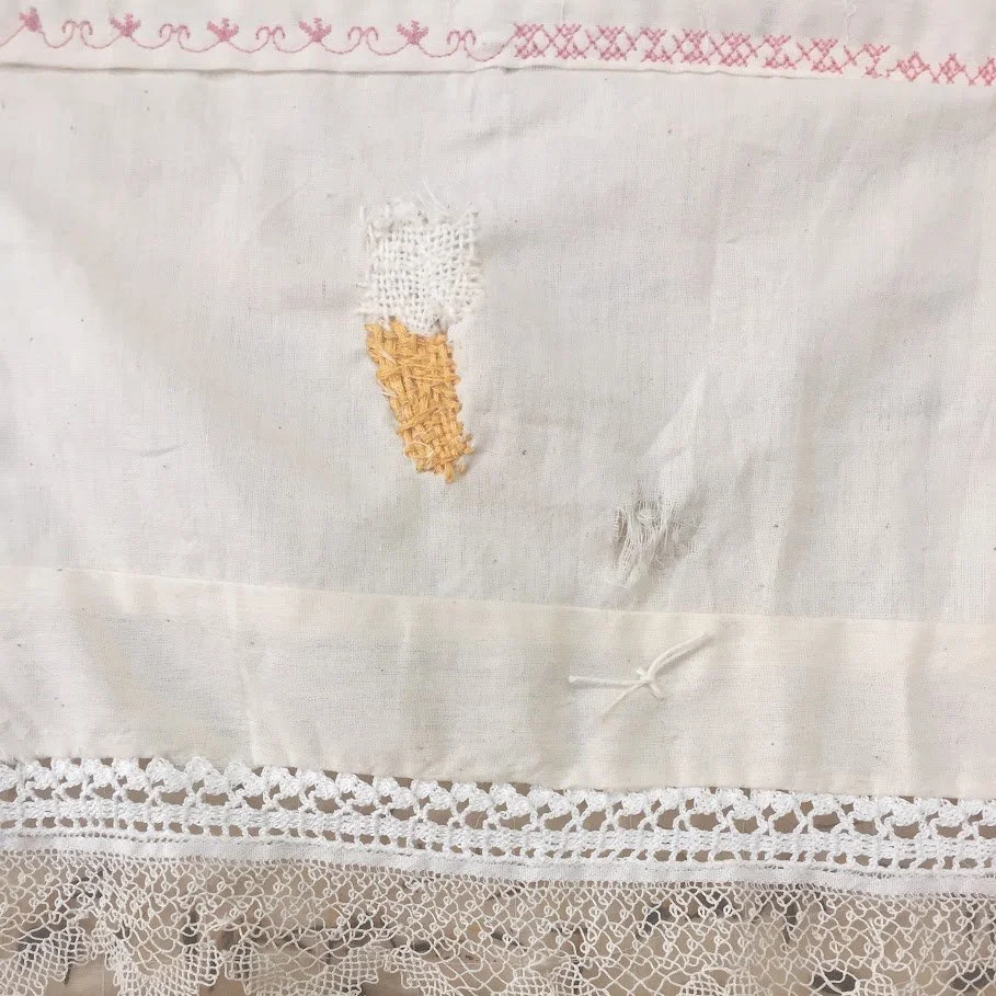   Seed Quilt 3:  lace, scrap fabric, embroidery, seeds.   Detail  2019 