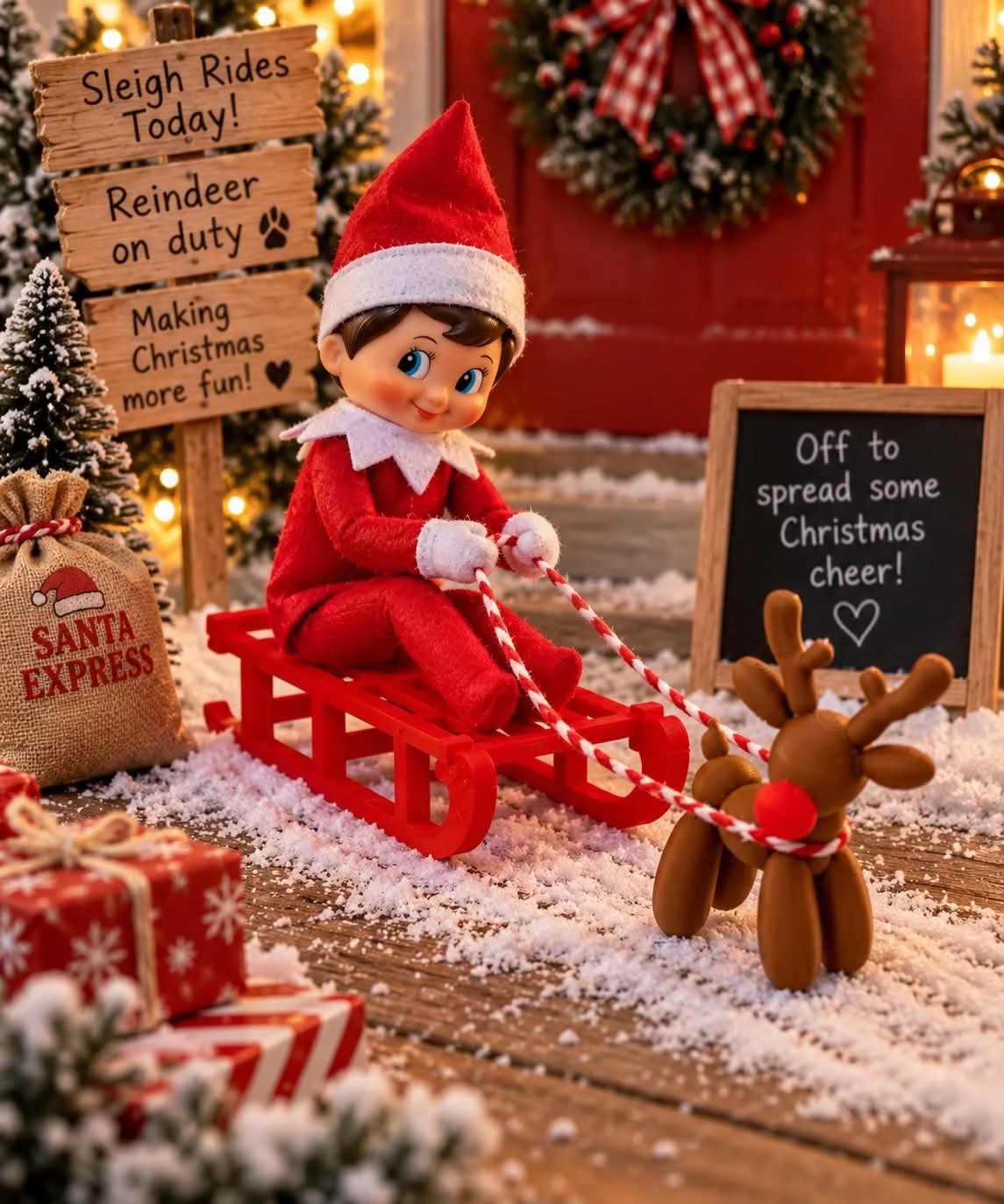Elf Sled with Balloon Style Rudolph