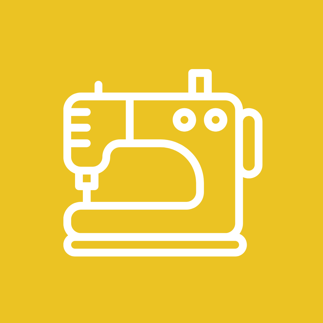 Icon of a sewing machine on a yellow background.