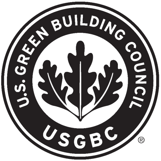 U.S. Green Building Council (USGBC) logo with a circular design, black and white, featuring an oak leaf in the center.