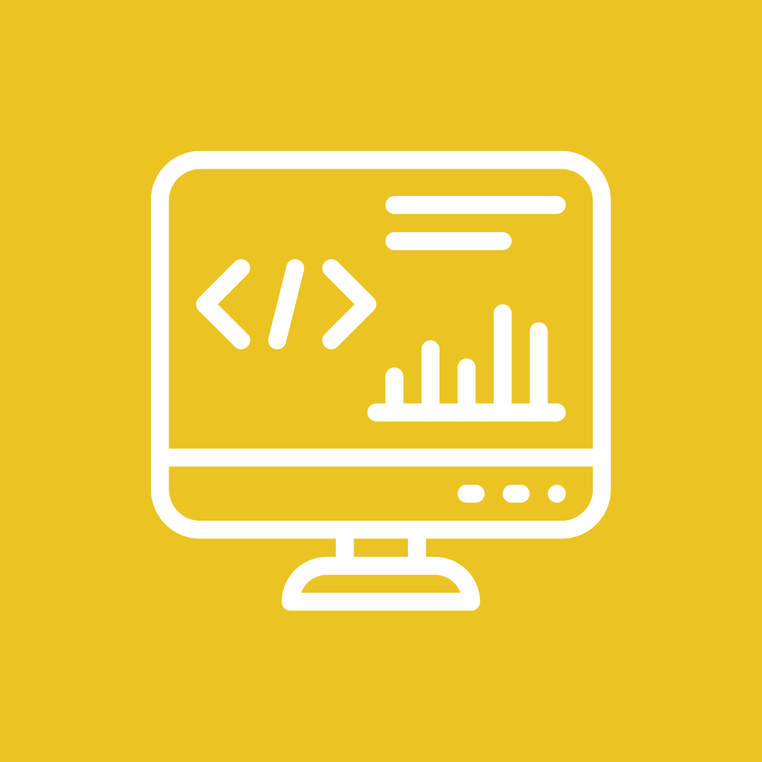 Icon of a computer monitor displaying coding symbols, a bar graph, and a few lines of text, in white on a yellow background.