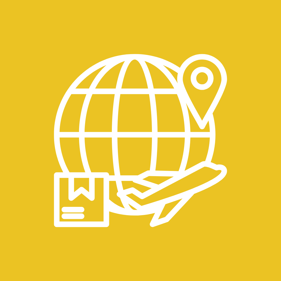White line drawing of a globe, a book, and a paper airplane on a yellow background.