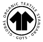 Black circle with a T-shirt icon and text 'Global Organic Textile Standard GOTS' around the edge.
