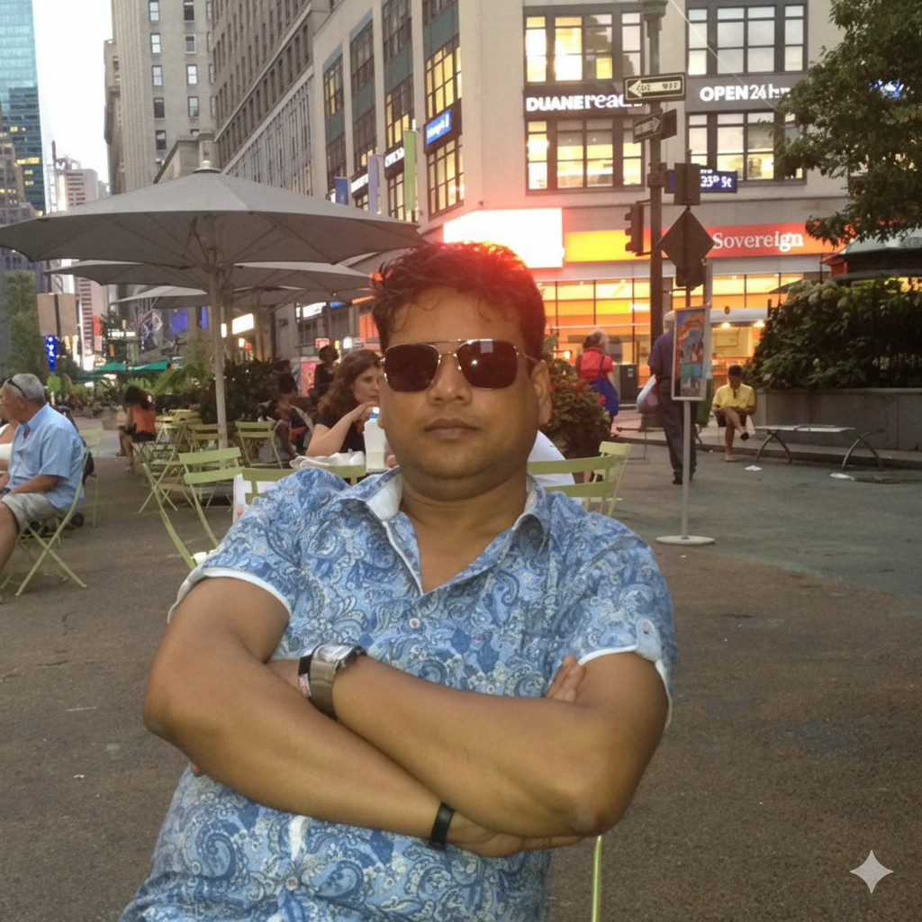 A man wearing sunglasses and a blue patterned shirt stands with arms crossed in an outdoor city setting during evening. There are people sitting on green chairs, umbrellas, and tall buildings with illuminated signs in the background.