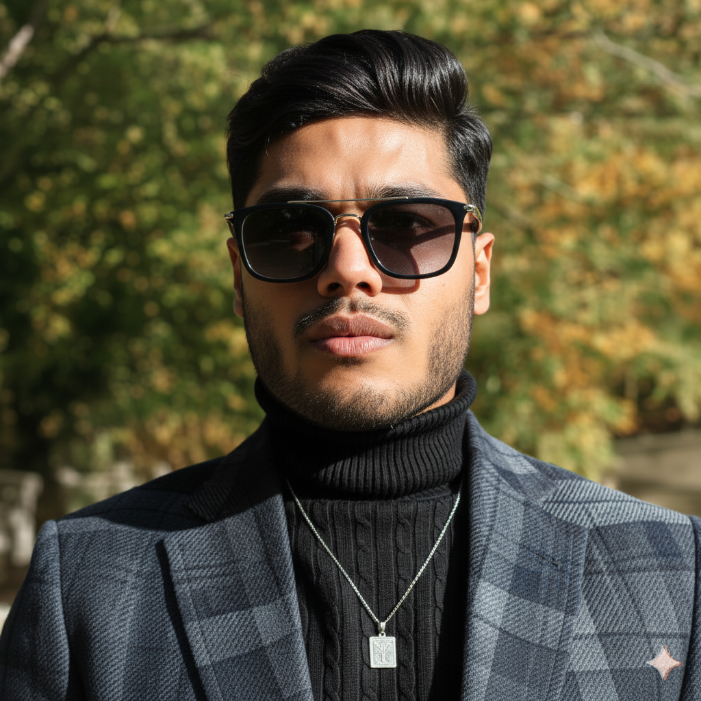 A man with dark hair and a beard wearing large black sunglasses, a black turtleneck, and a gray plaid blazer, standing outdoors with trees in the background.
