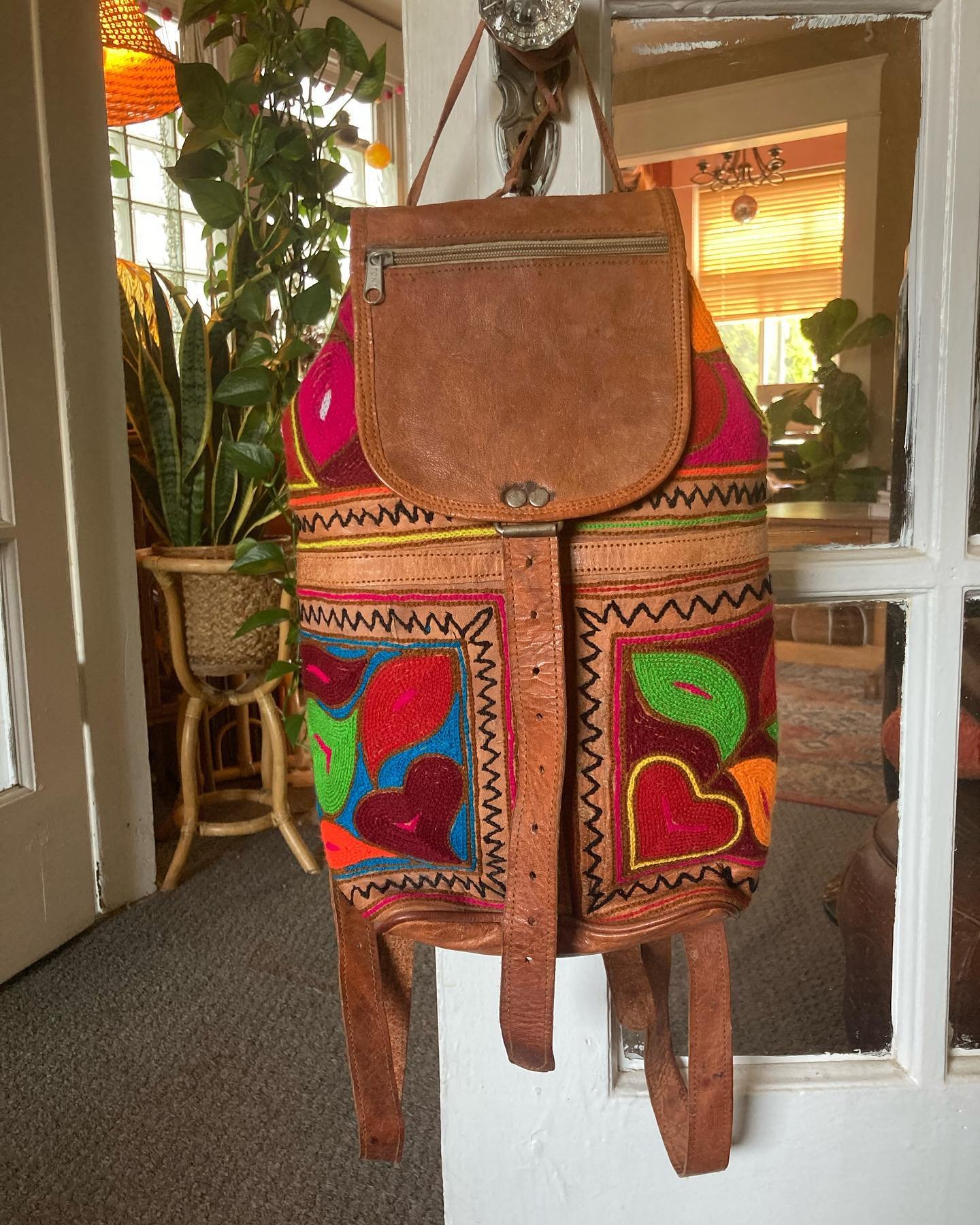 Vintage handmade Mexican leather backpack. Measures 15&rdquo; x 10&rdquo; wide. $40 *SOLD* 💛🧡❤️#etsy #vintagevancouver