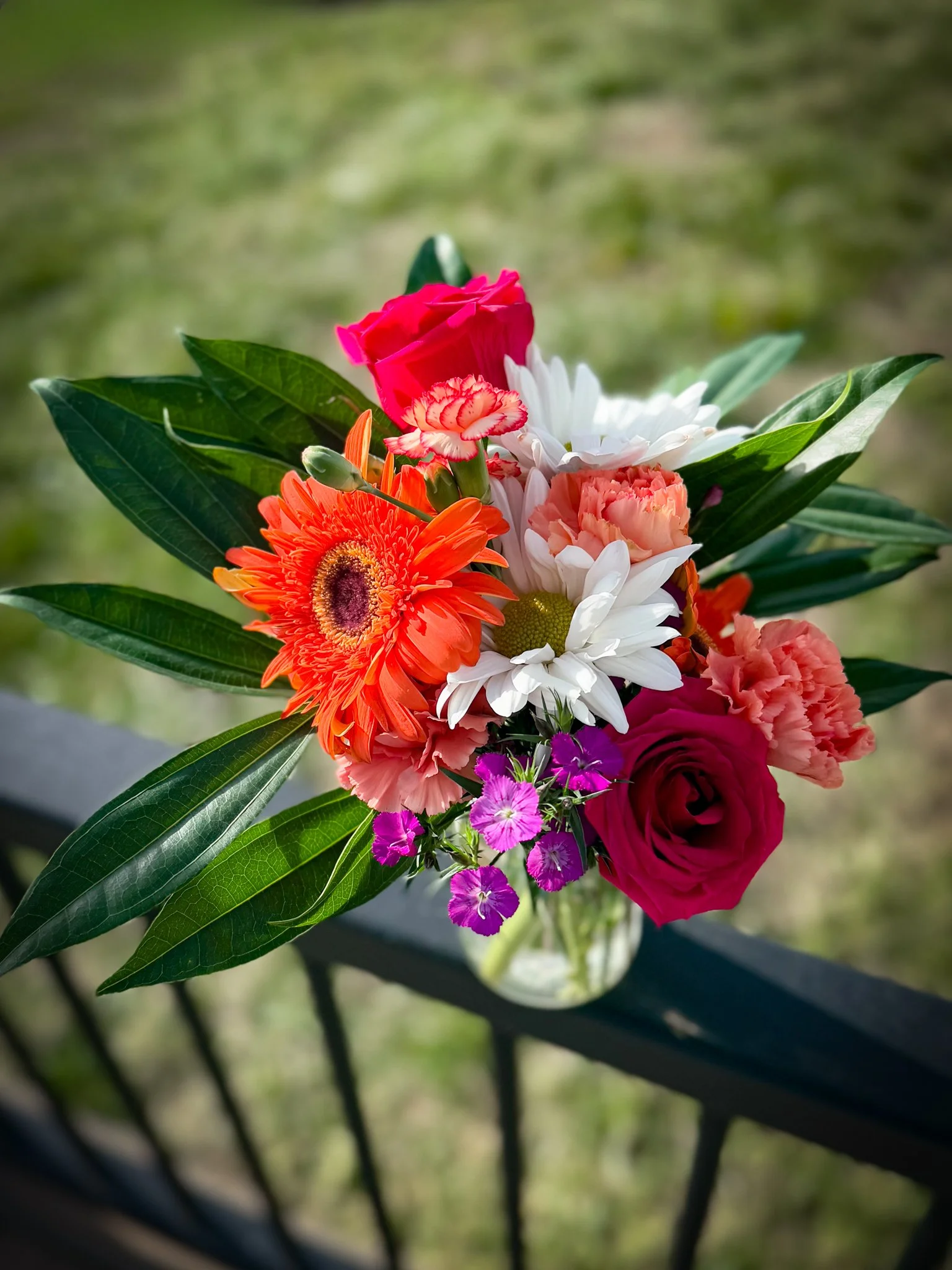 Designer's Choice Arrangement with two roses, orange daisies white mums greenery in a vase Valentine's Day Springfield MO