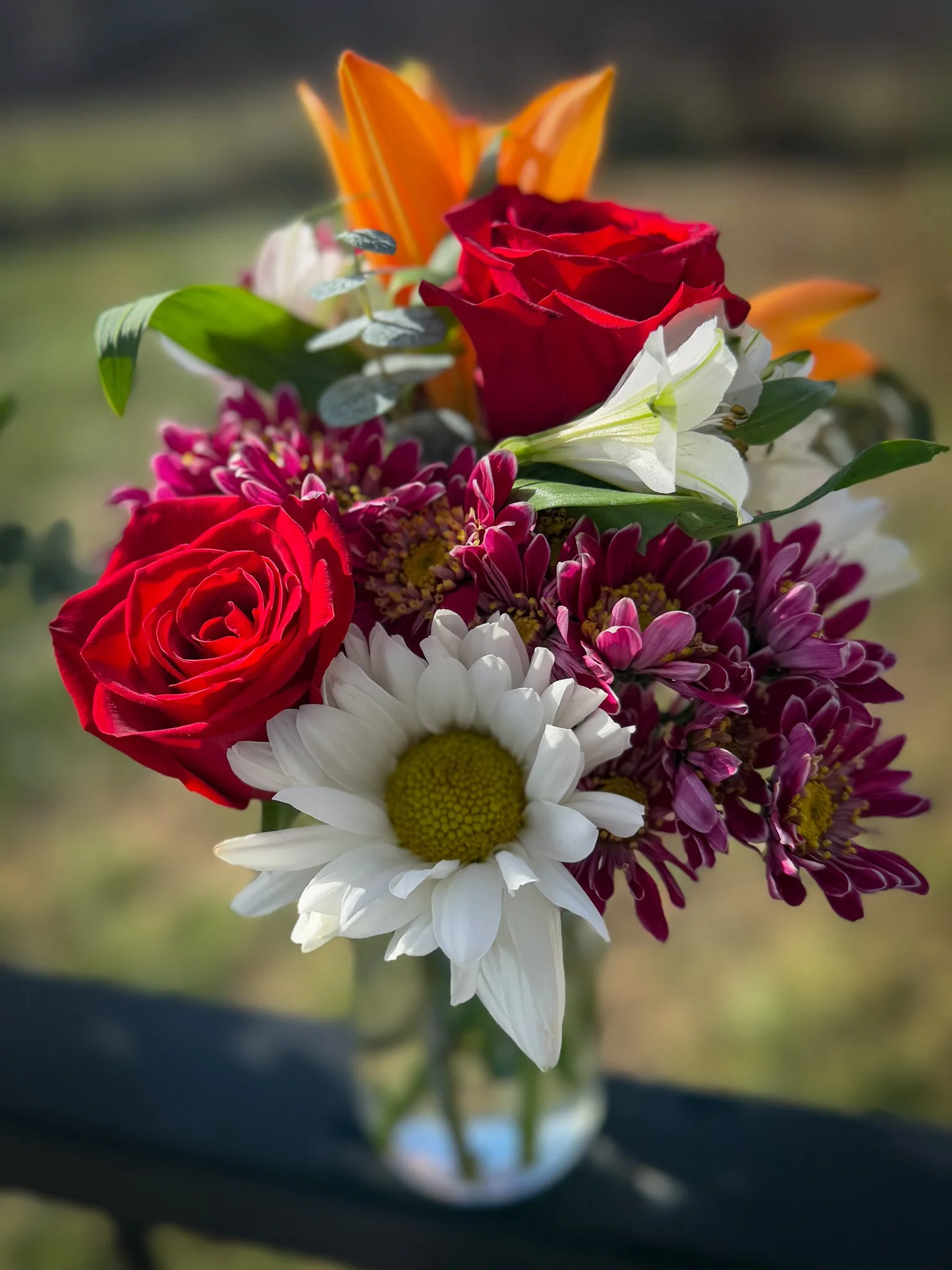 Designer's Choice Arrangement with two red roses, spray mums, alstroemeria greenery in a vase Valentine's Day Springfield MO