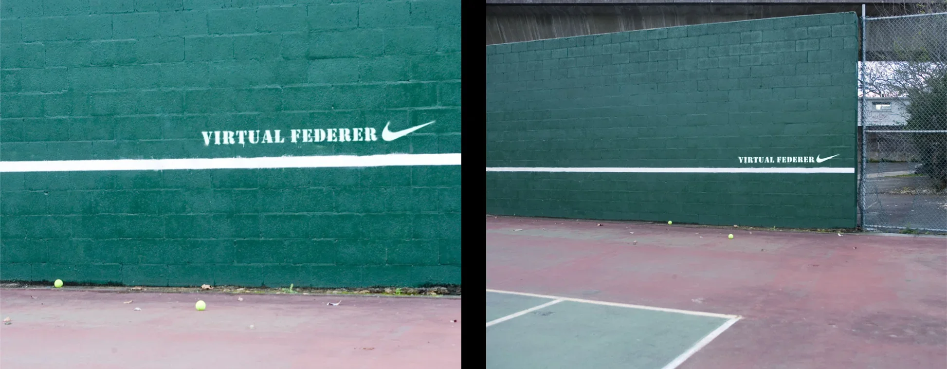 Photo of a tennis court wall with a white horizontal line and the text 'VIRTUAL FEDERER' along with the Nike swoosh logo. There are tennis balls on the ground near the wall.