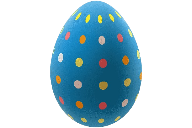 Colorful decorated Easter egg with yellow, white, red, orange, and pink dots on a blue background.