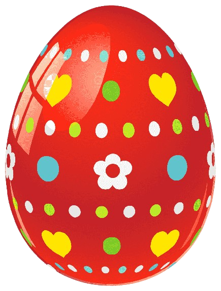 Decorative red egg with yellow hearts, white flowers, green and white dots, and blue dots.