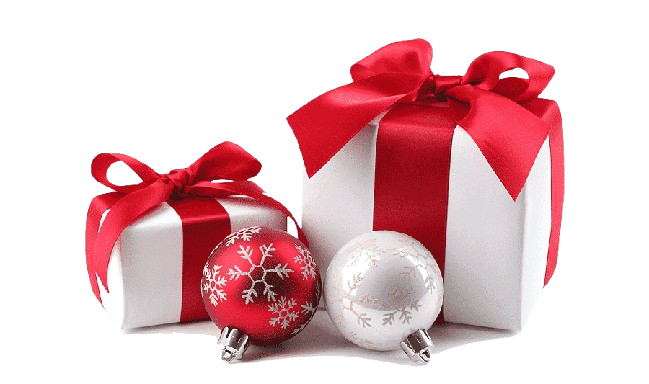 Two wrapped Christmas presents with red ribbons, surrounded by red and white holiday ornaments