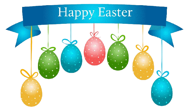 Colorful hanging Easter egg decorations with a banner that says 'Happy Easter'